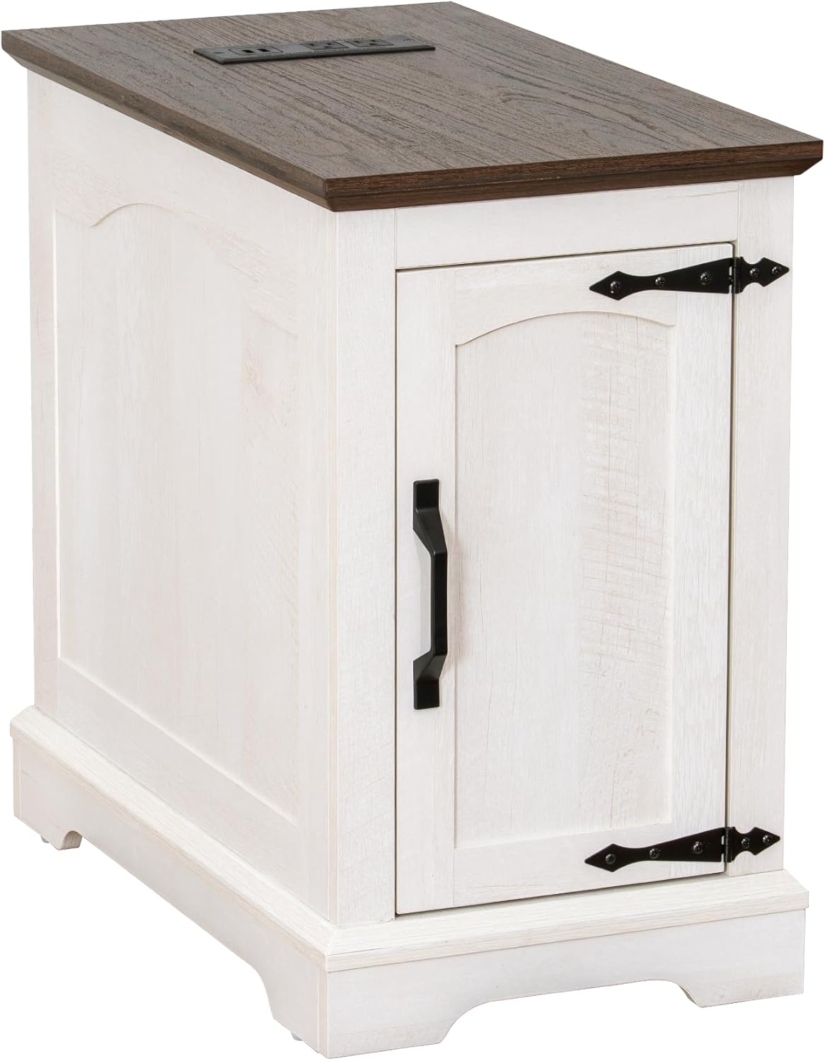 Narrow Side Table with Charging Station,13.8" W End Table with Storage for Sofa Couch or Bed Side with Outlets & USB Ports,Farmhouse Nightstand for Bedroom, Living Room (White & Walnut)