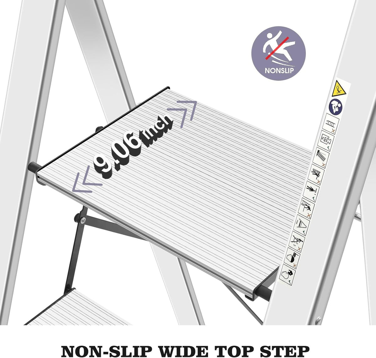 KINGRACK Aluminium 4 Step Ladder, Lightweight Step Stool with Non-Slip Pedals, Handrail, Foldable Step Ladder for Kitchen, Garage, Home, Space Saving, Sturdy and Portable, Silver