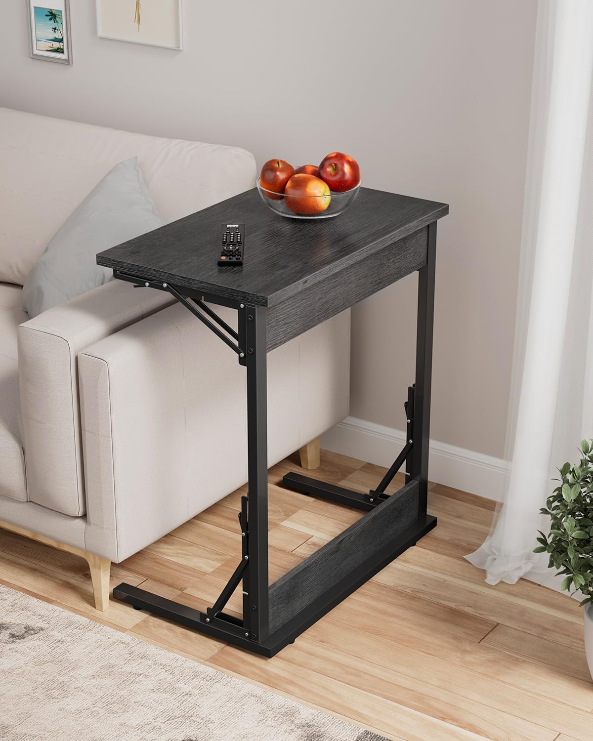 Tatub 24" Wide Folding C-Shaped End Table, Small Side Desk for Couch, Sofa TV Tray Table with Metal Frame for Living Room, Bedroom, Light Gray