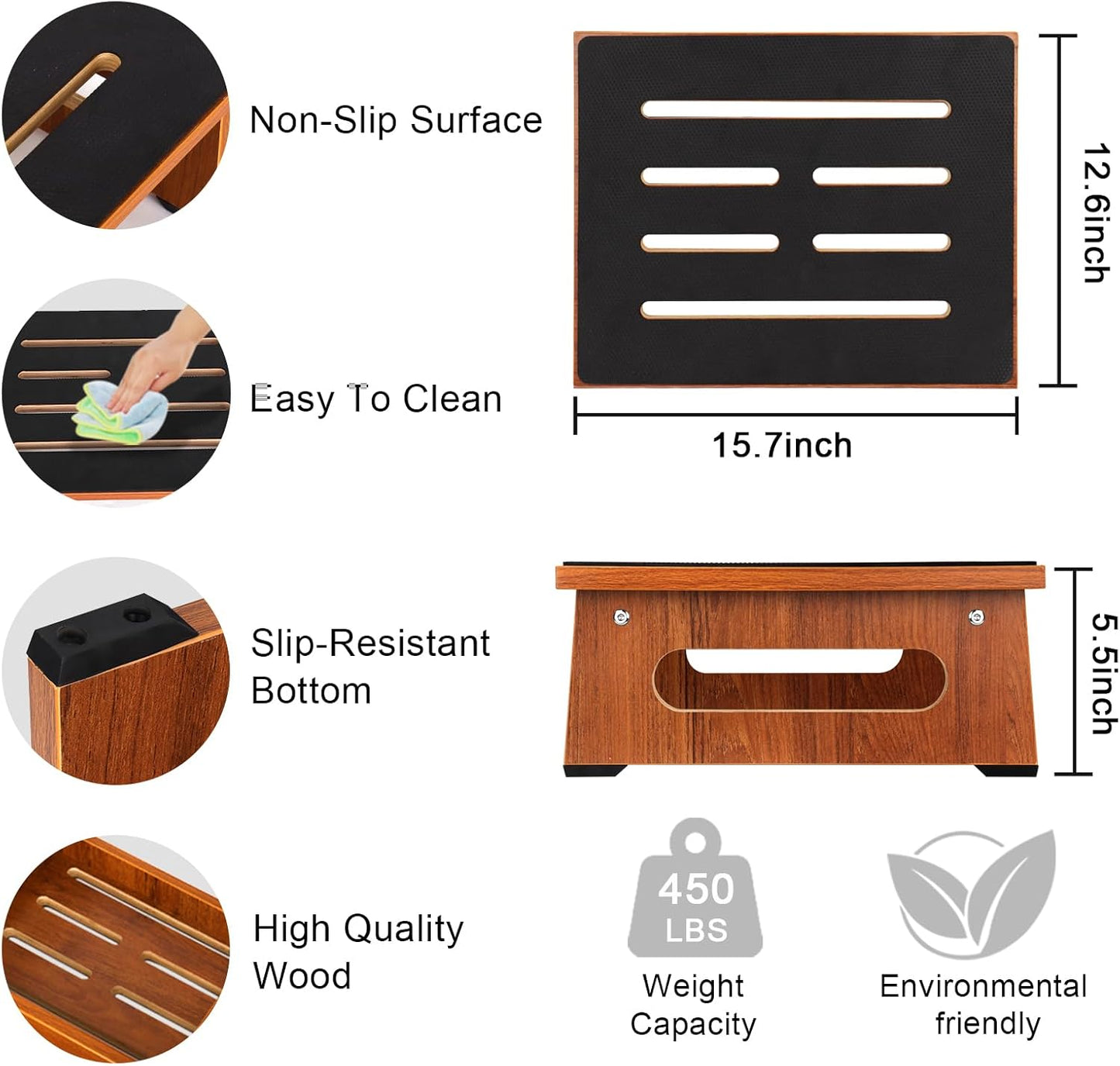 Wooden Step Stool with Non-Slip Rubber Feet Step, Heavy Duty Platform Stepping Stools with 450 LBS Capacity for Bedroom Kitchen Bathroom, Bed Steps for High Beds, Bedside Support