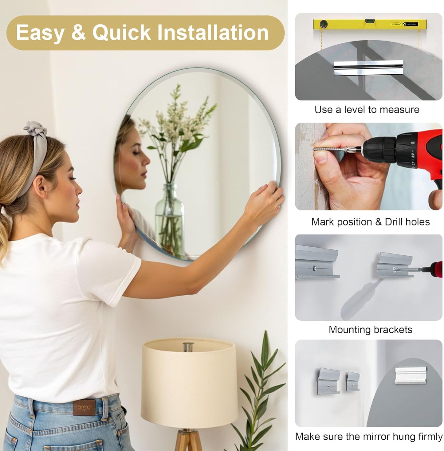 36" Frameless Beveled Round Mirror with 1" Edge for Bathroom, Entryways, Vanity, Wall Decor