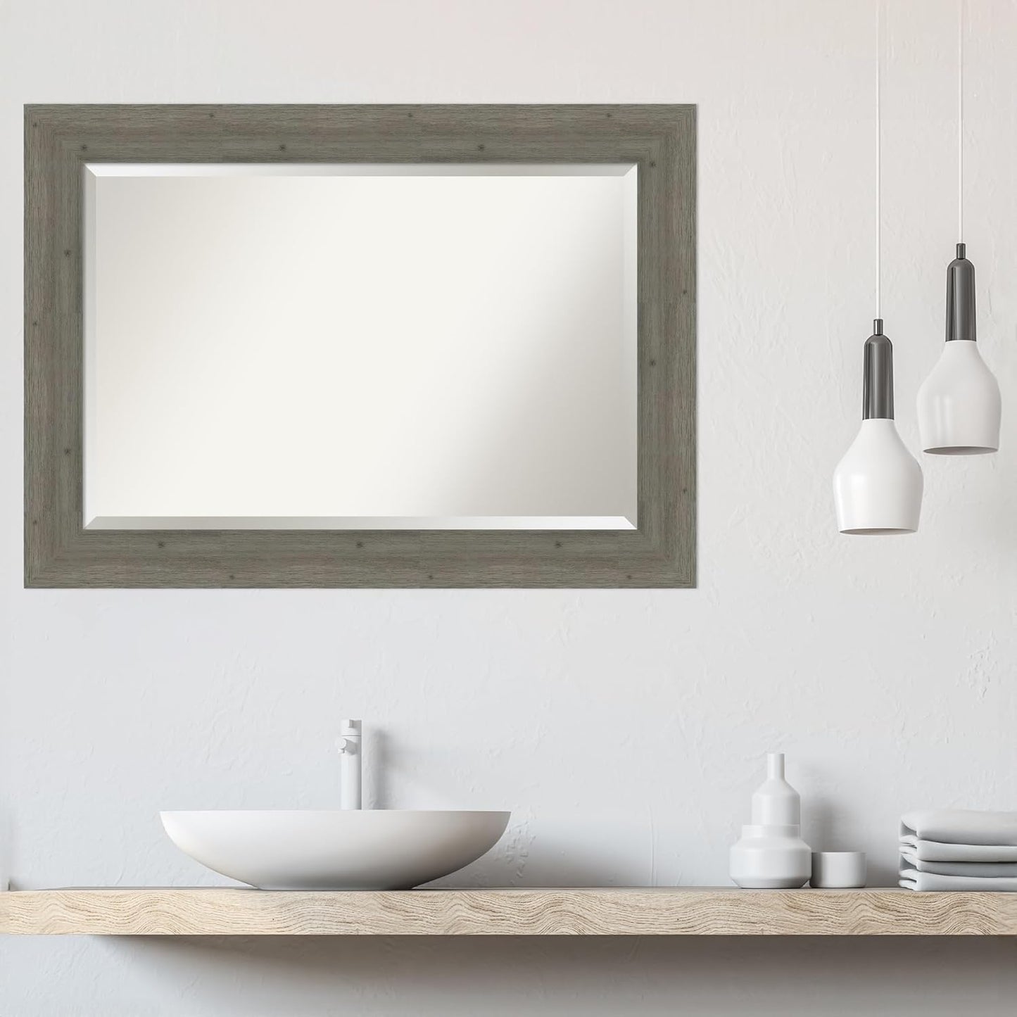 Amanti Art Grey Wall Mirror 31x43 Fencepost Grey Rectangle Bathroom Mirror for Wall Decor Living Room, Large Country Rustic Wood Frame, Hangs Horizonally and Vertically, Bathroom Decor, Beveled Edge