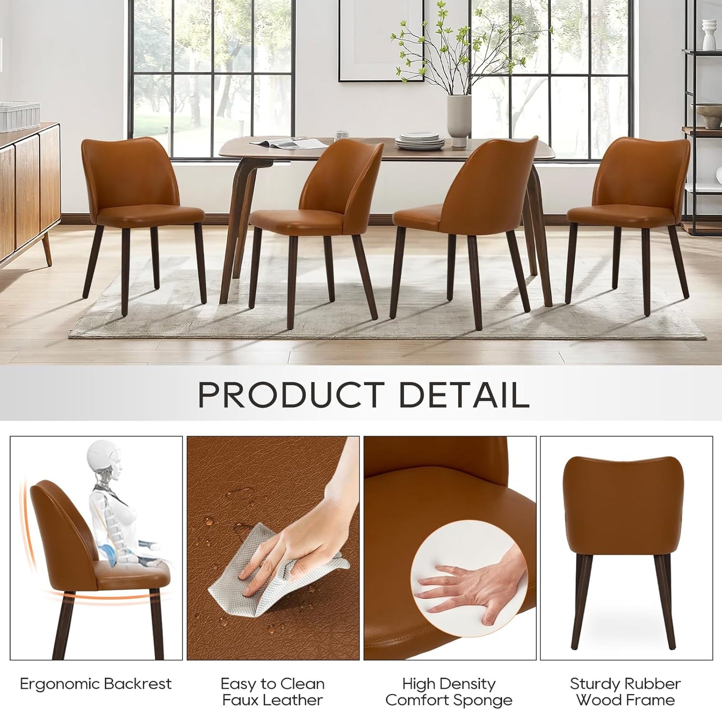 COLAMY Upholstered Dining Chairs Set of 4, Modern PU Leather Dining Room Kitchen Side Chair with Padded Seat and Wood Legs Restaurant/Cafe,Light Brown