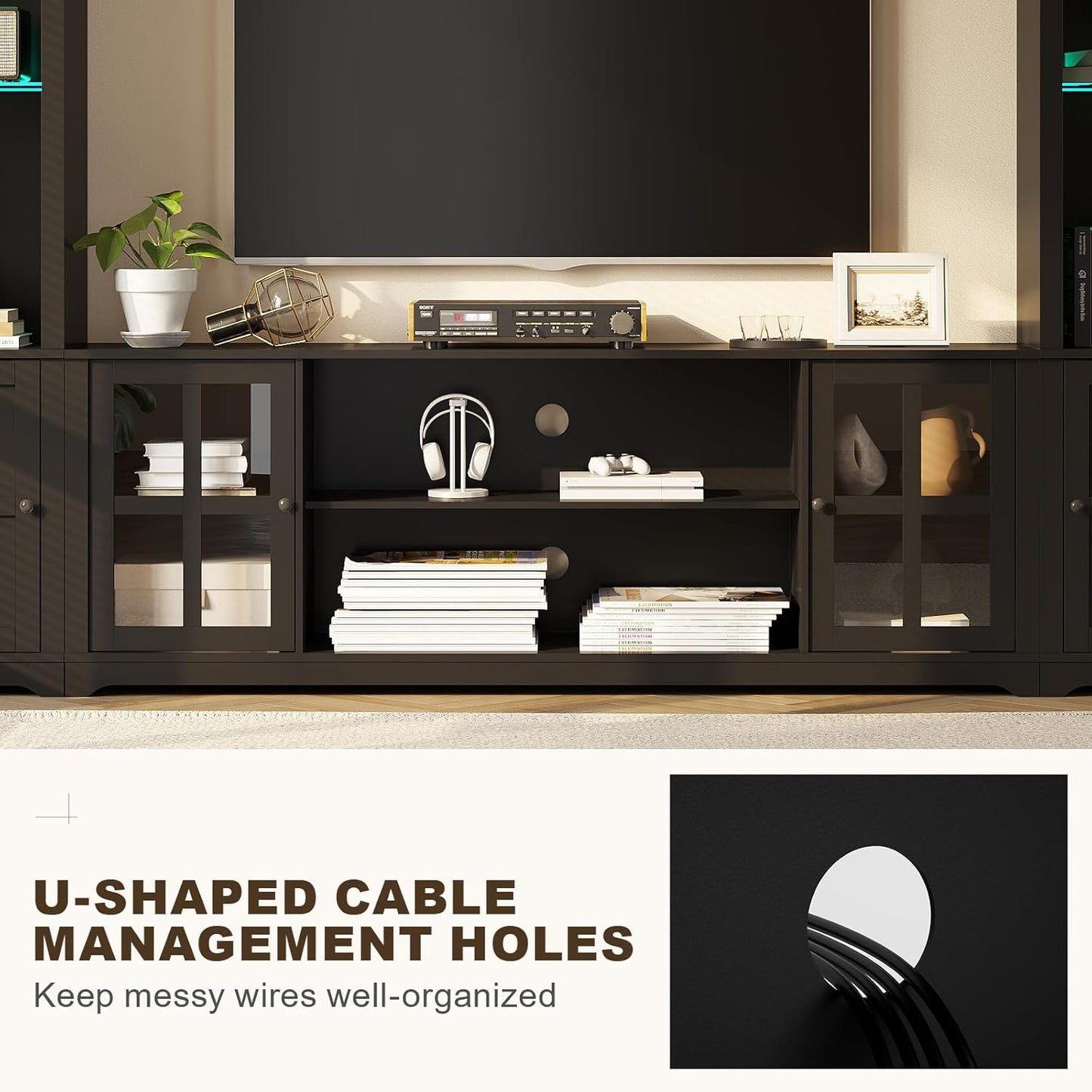 Wall Unit TV Stand with Storage & LED Lights, Large Entertainment Center with Bookshelves for TVs up to 75", Media Console for Living Room, Black
