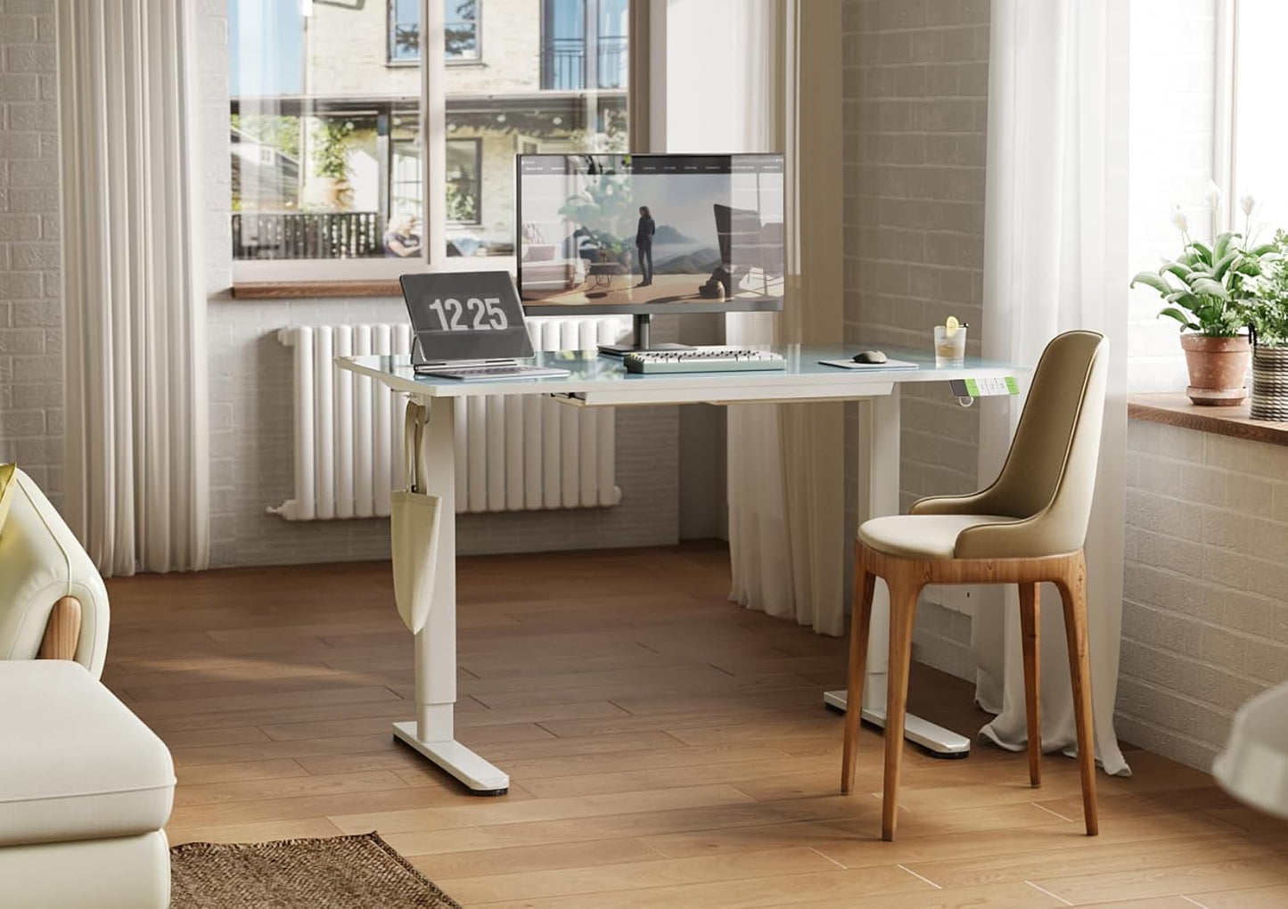 INNOVAR Glass Standing Desk with Drawers, Adjustable Height Stand Up Desk, Electric Standing Desks with Storage, 48 inch, Morandi Blue