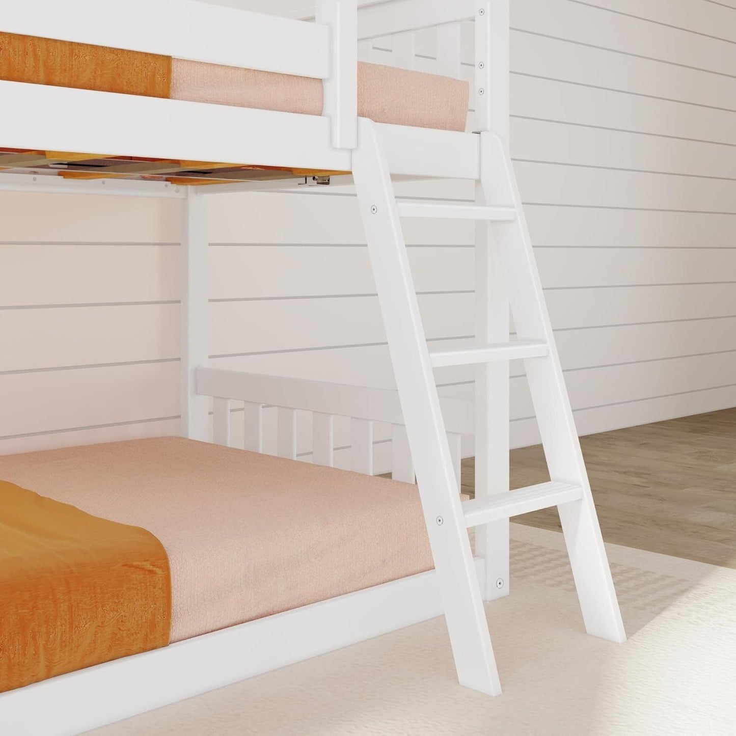 Max & Lily Solid Wood Twin Over Twin Size Low Bunk Beds for Kids with Slide and Ladder, 400 lbs Weight Capacity, 14" Safety Guardrail, Anti-Slip Steps, White
