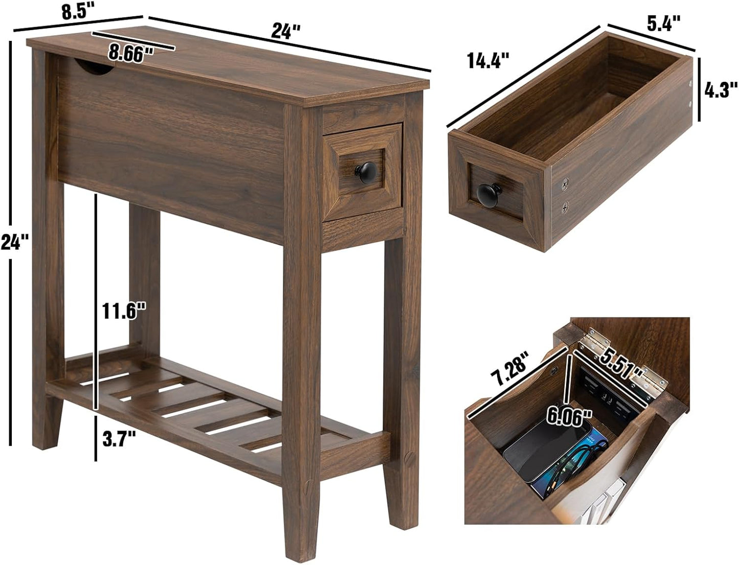End Table with Movable Top and Charging Station, Narrow Side Table with Storage Cabinet and USB, Sofa Table for Living Room Bedroom