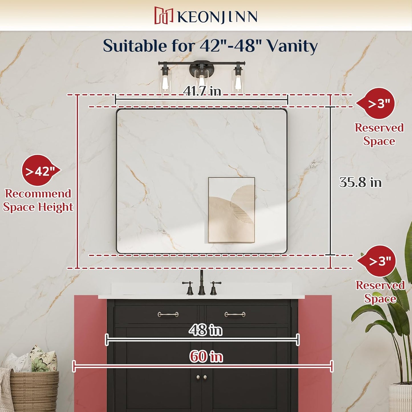 Keonjinn Black Bathroom Mirror for Over Sink, 42 x 36 Inch Large Rounded Rectangle Bathroom Vanity Mirror, Matte Black Farmhouse Wall Mirror, HD Tempered Glass, Seamless Aluminum Alloy Frame Mirror