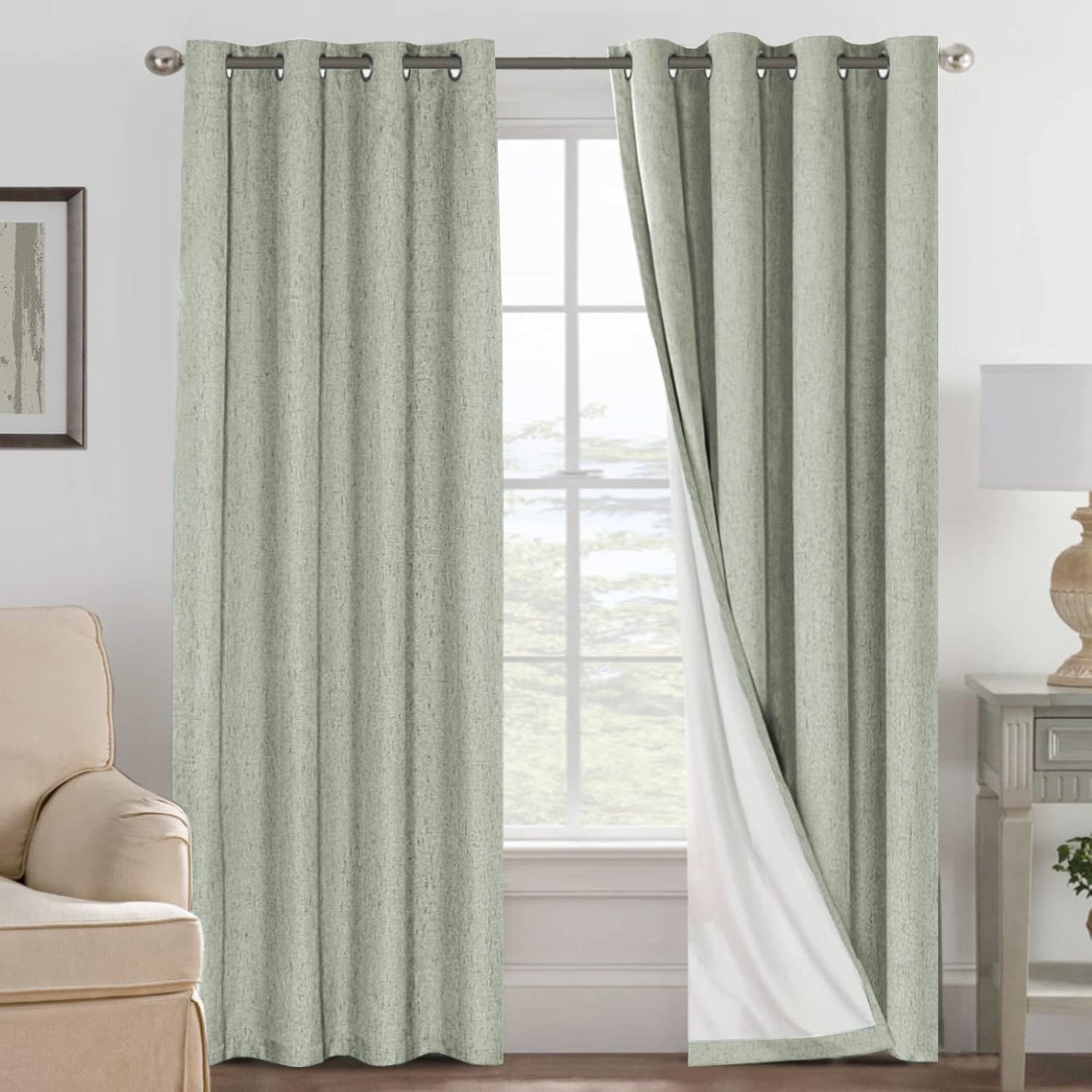H.VERSAILTEX Linen Blackout Curtains 96 Inches Long 100% Absolutely Blackout Thermal Insulated Textured Linen Look Curtain Draperies Anti-Rust Grommet, Energy Saving with White Liner, 2 Panels, Sage