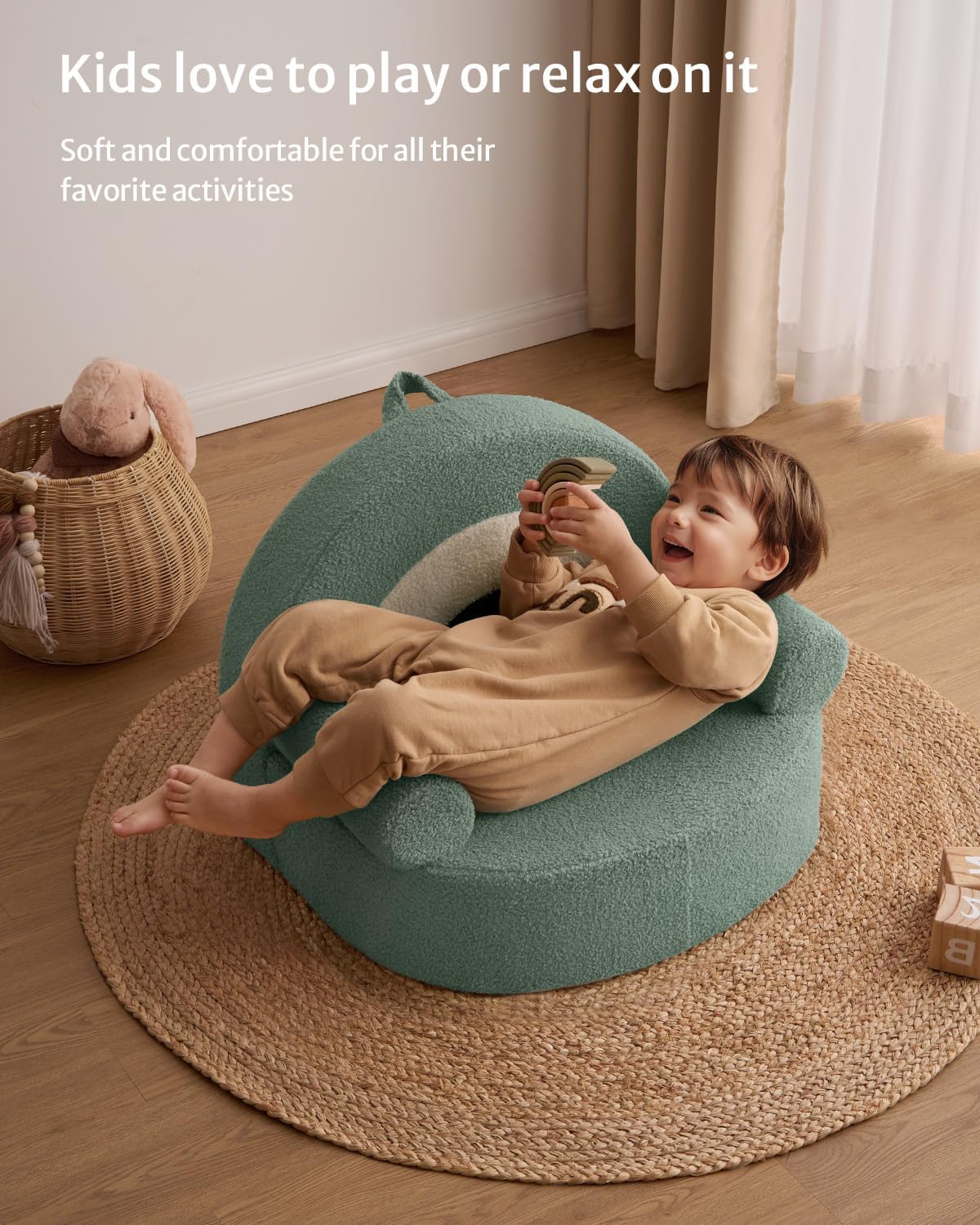 Blissful Diary Toddler Chair Comfy, Foam Kids Chair with Soft Teddy Plush, Toddler Reading Chair with Cute Arclet Designs- Sage Green