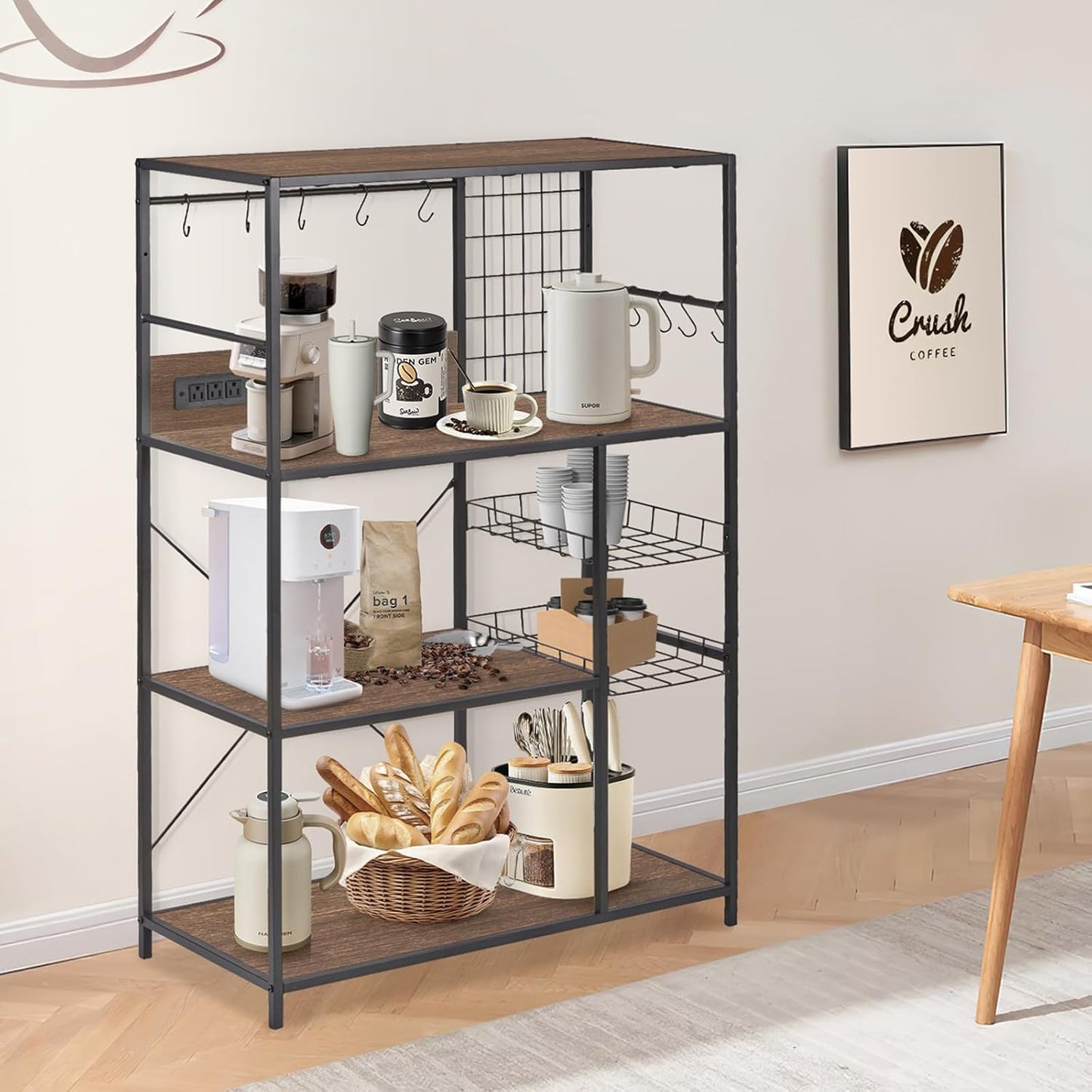 Bakers Rack with Power Outlet, Microwave Stand with Storage, Coffee Bar Organizer Cabinet with Wire Basket, Kitchen Shelf for Spices, 10 Hooks, Industrial, Brown