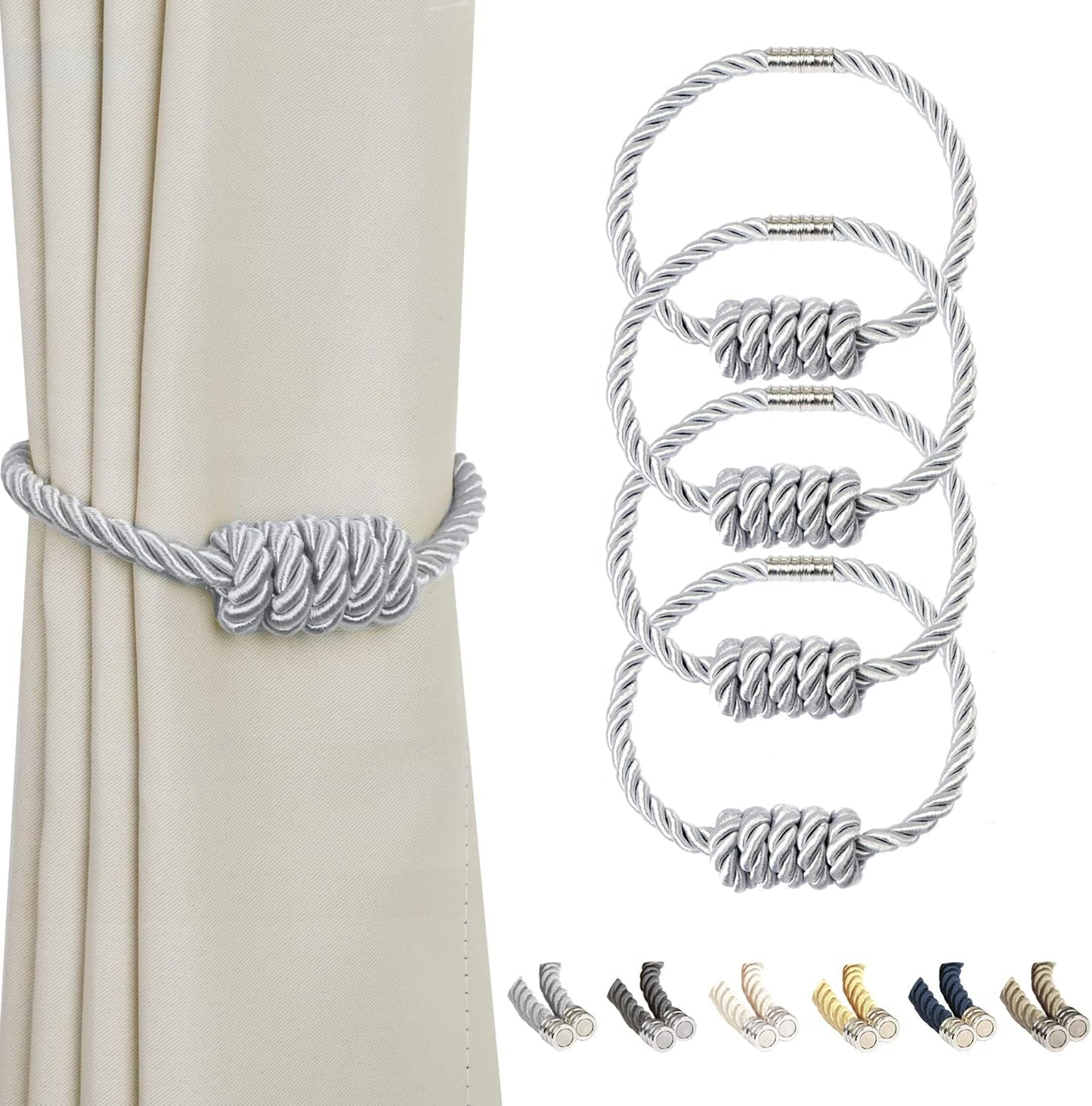 BEL AVENIR Magnetic Curtain Tiebacks, Decorative Drapery Holdbacks Modern Woven Tie-Backs with Exquisite Knot (Sliver, 4 Pack)