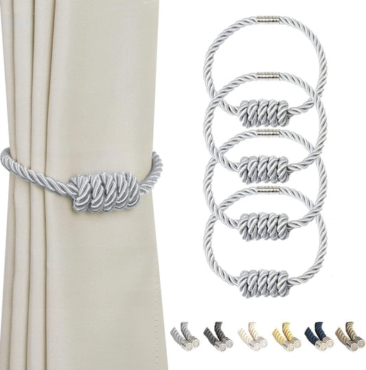 BEL AVENIR Magnetic Curtain Tiebacks, Decorative Drapery Holdbacks Modern Woven Tie-Backs with Exquisite Knot (Sliver, 4 Pack)