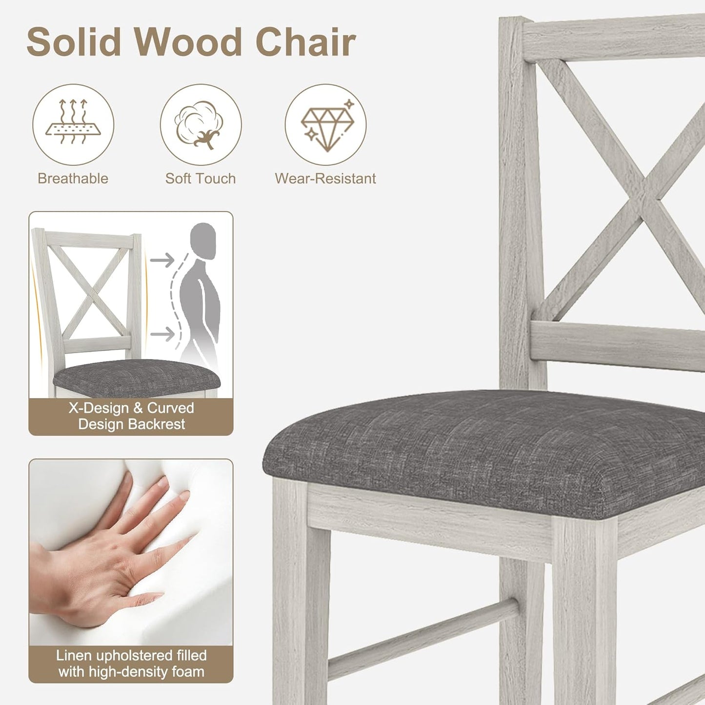 Solid Wood Dining Chairs Set of 2, Farmhouse Chairs with High Cross Back and Upholstered Seat, Easy Assembly for Dining Room, Kitchen, Washed Gray