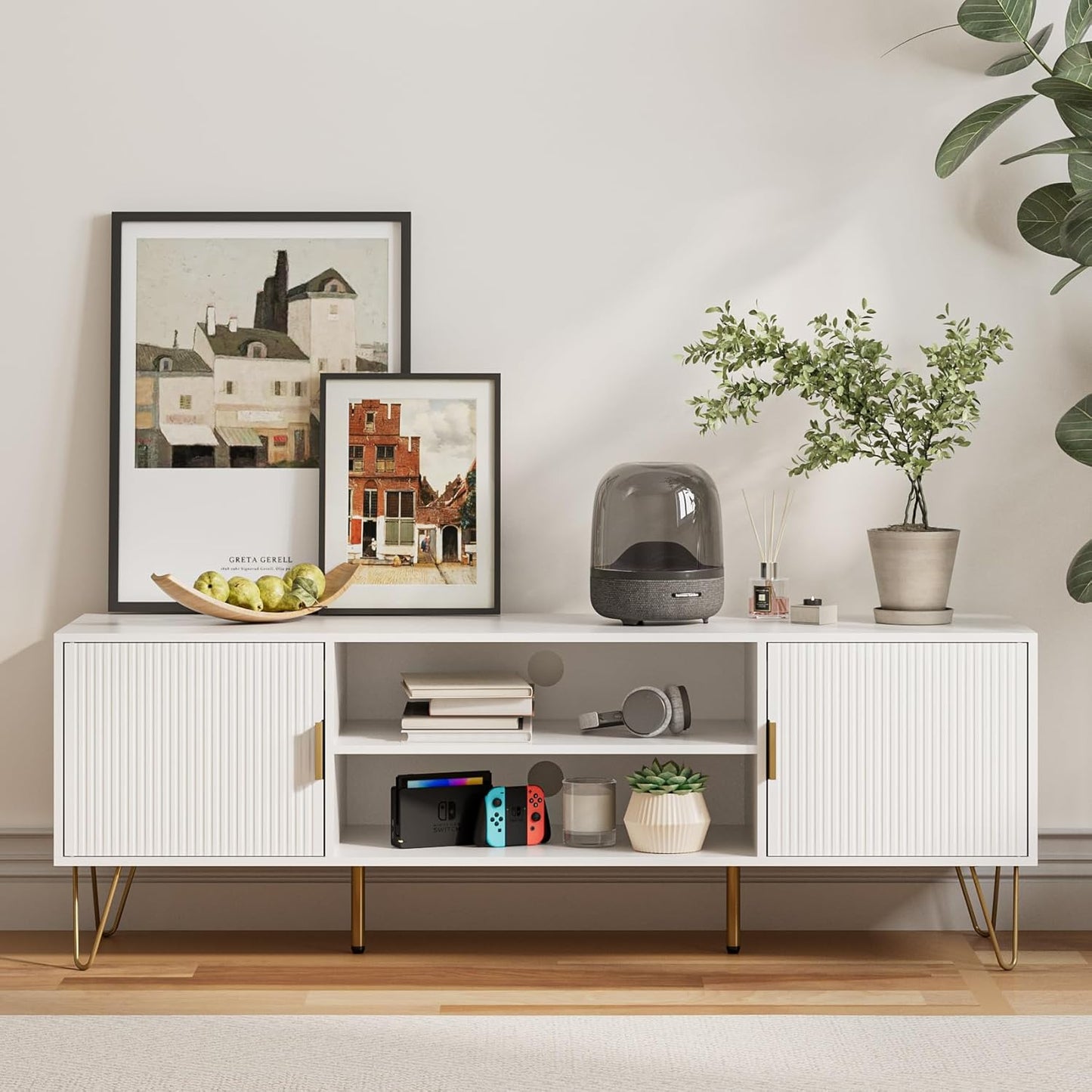 TV Stand for 55 65-inch TV, Entertainment Center with Soft Hinge Door,TV Console Table with 2 Cabinets with Gold Handle and Feet,for Living Room, Bedroom, White