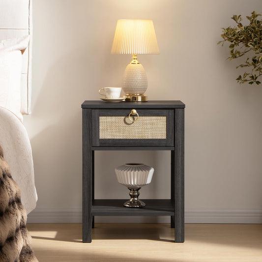 SICOTAS Rattan Nightstand, Rattan Decor Drawer with Brass Knobs Night Stand Bedside Table Boho End Tables Side Tables with Storage Shelf for Bedroom,Small Space