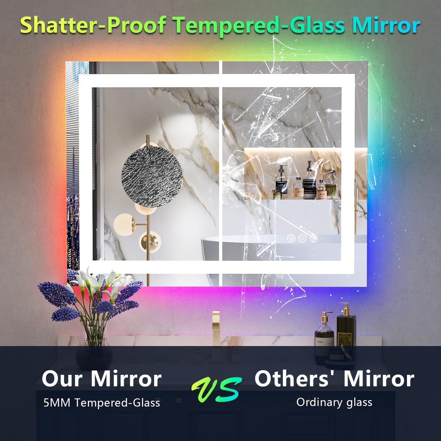 24x36 Inch RGB LED Bathroom Mirror Front Light and RGB Backlit Lighted Vanity Mirror for Bathroom Wall Mounted Dimmable Anti Fog Memory Shatter-Proof IP54 Waterproof Horizontal/Vertical