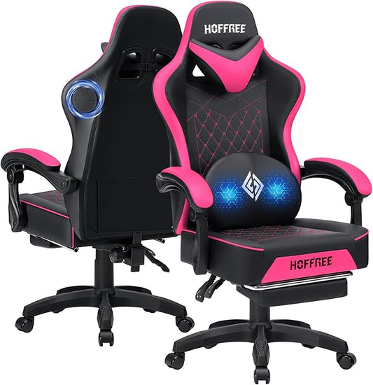 HOFFREE Gaming Chair with Speakers Massage Computer Gaming Chair with Pocket Spring Cushion for Adults Reclining Gamer Chair with Bluetooth Video Game Chairs with Footrest Pink and Black