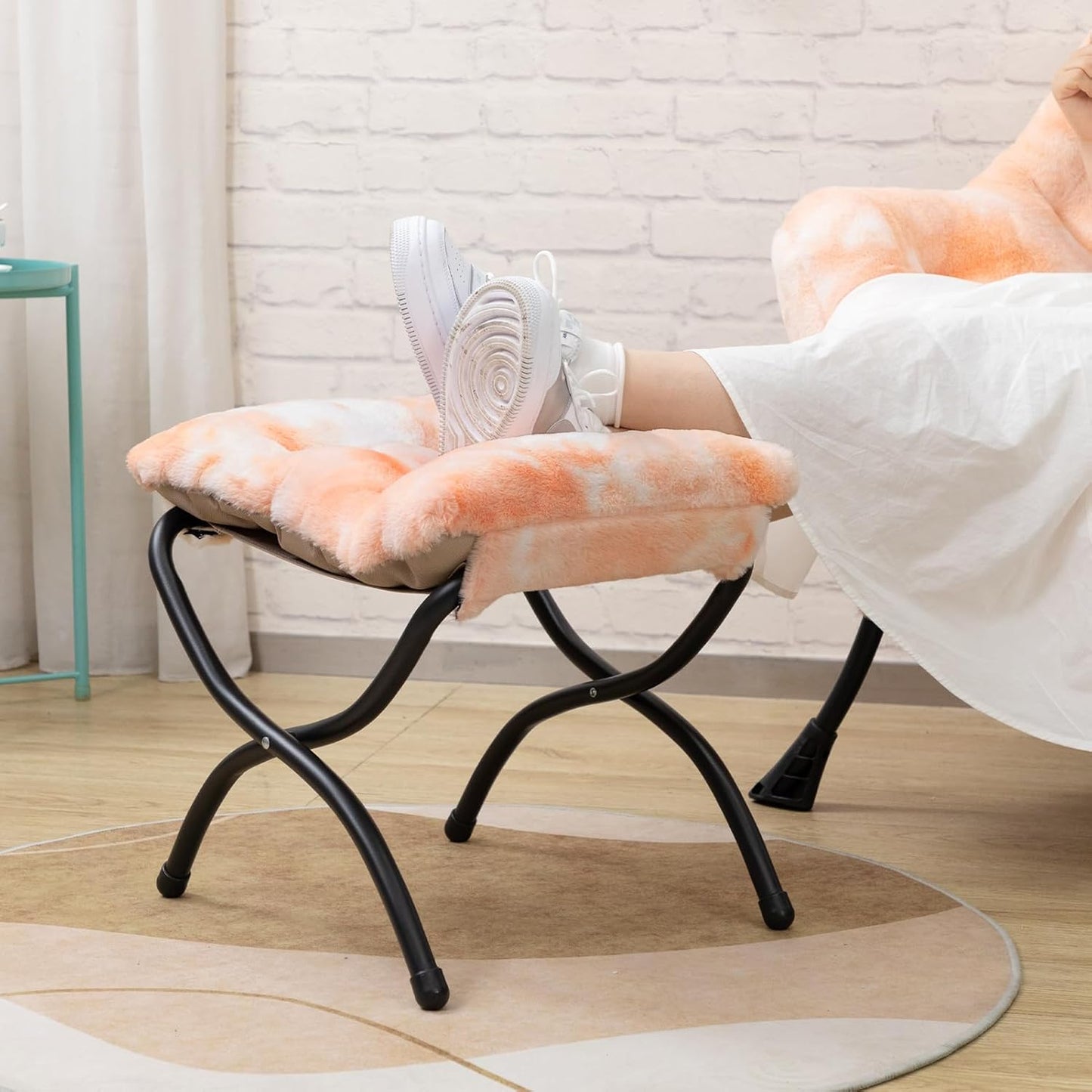 HollyHOME Faux-Fur Lazy Chair with Foldable Ottoman, Accent Comfy Lounge Arm Chair and Folding Footrest Stool Set, Leisure Sofa Reading Chair and Footstool for Living Room, Bedroom, Orange&White