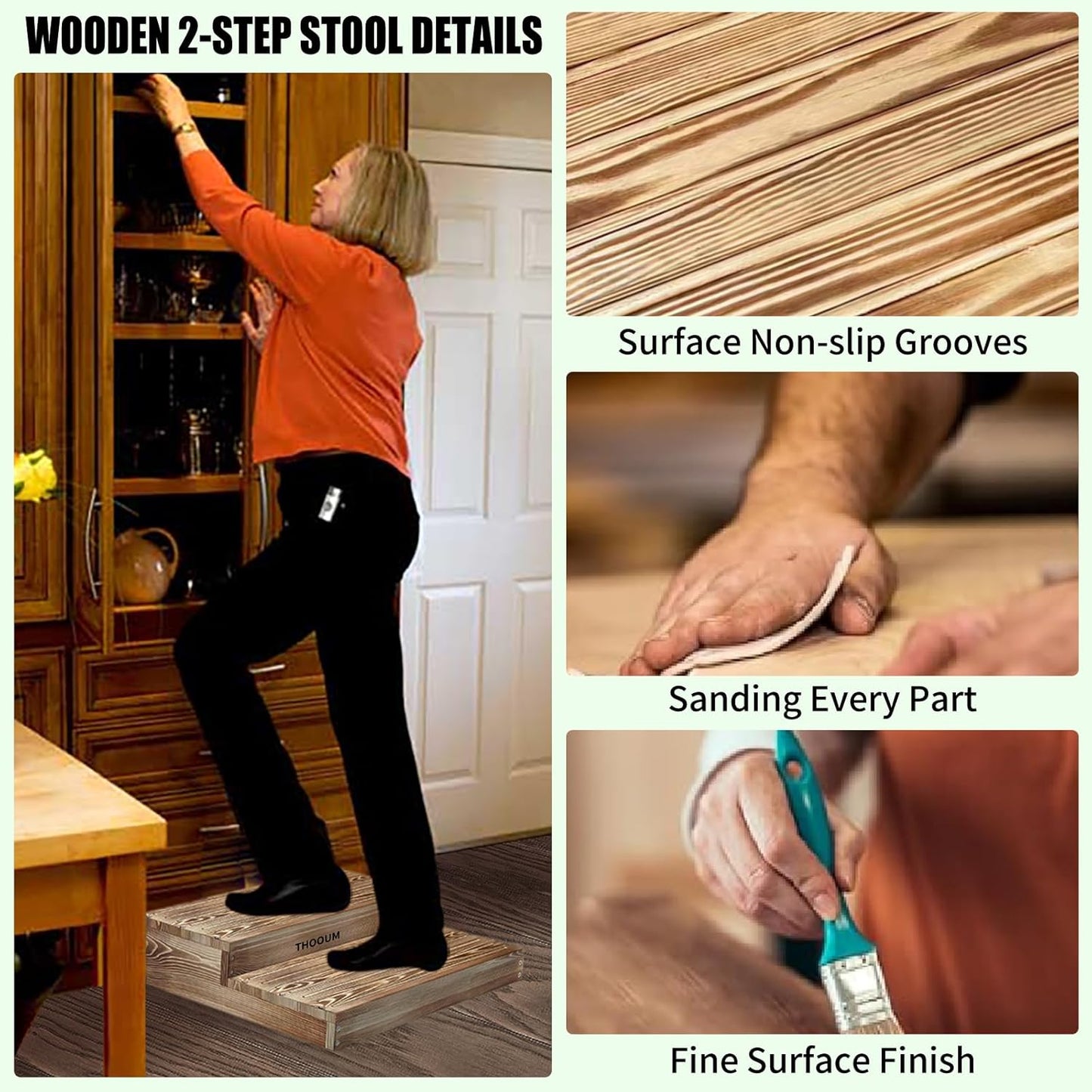 Wooden 2 Step Stool for High Beds, Moderate & Applicable 2-Step Stools for Seniors, Solid Wood steppingStool, Built-in Handle for Easy Carrying, 25.6" W