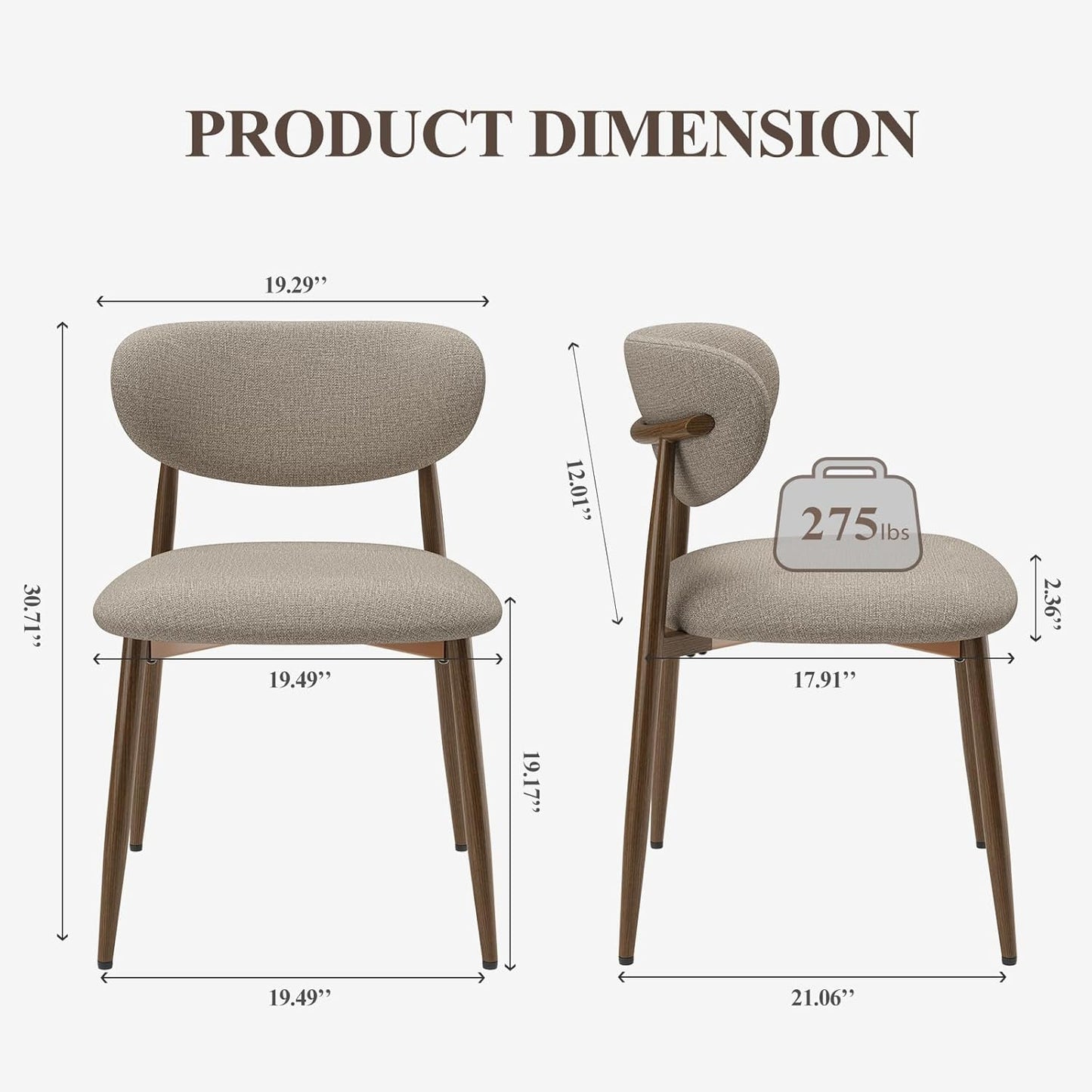 Dining Chairs Set of 2, Ergonomic Fabric Upholstered Seating with Wood Look Metal Legs and Anti Slip Pads, for Home and Restaurant Use, Camel