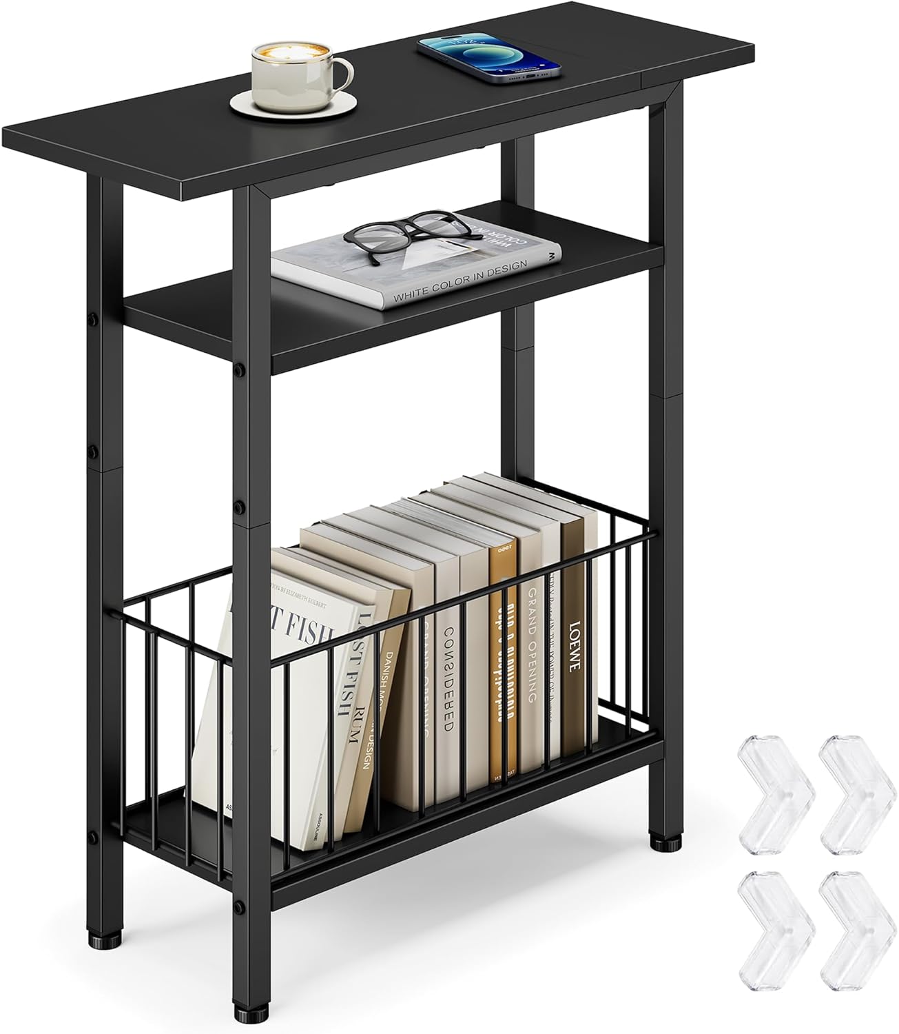 Vagusicc Narrow Side Table, 3-Tier Skinny End Table for Couch, Small side Tables for Small Spaces, Bed Side Table with Storage, 25.2" Tall Slim Nightstand Bedside table for Living Room, Bedroom, Black
