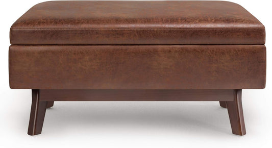 SIMPLIHOME Owen 36 inch Wide Mid Century Modern Rectangle Small Rectangular Storage Ottoman in Distressed Saddle Brown Vegan Faux Leather, Assembled, for the Living Room, Entryway and Family Room