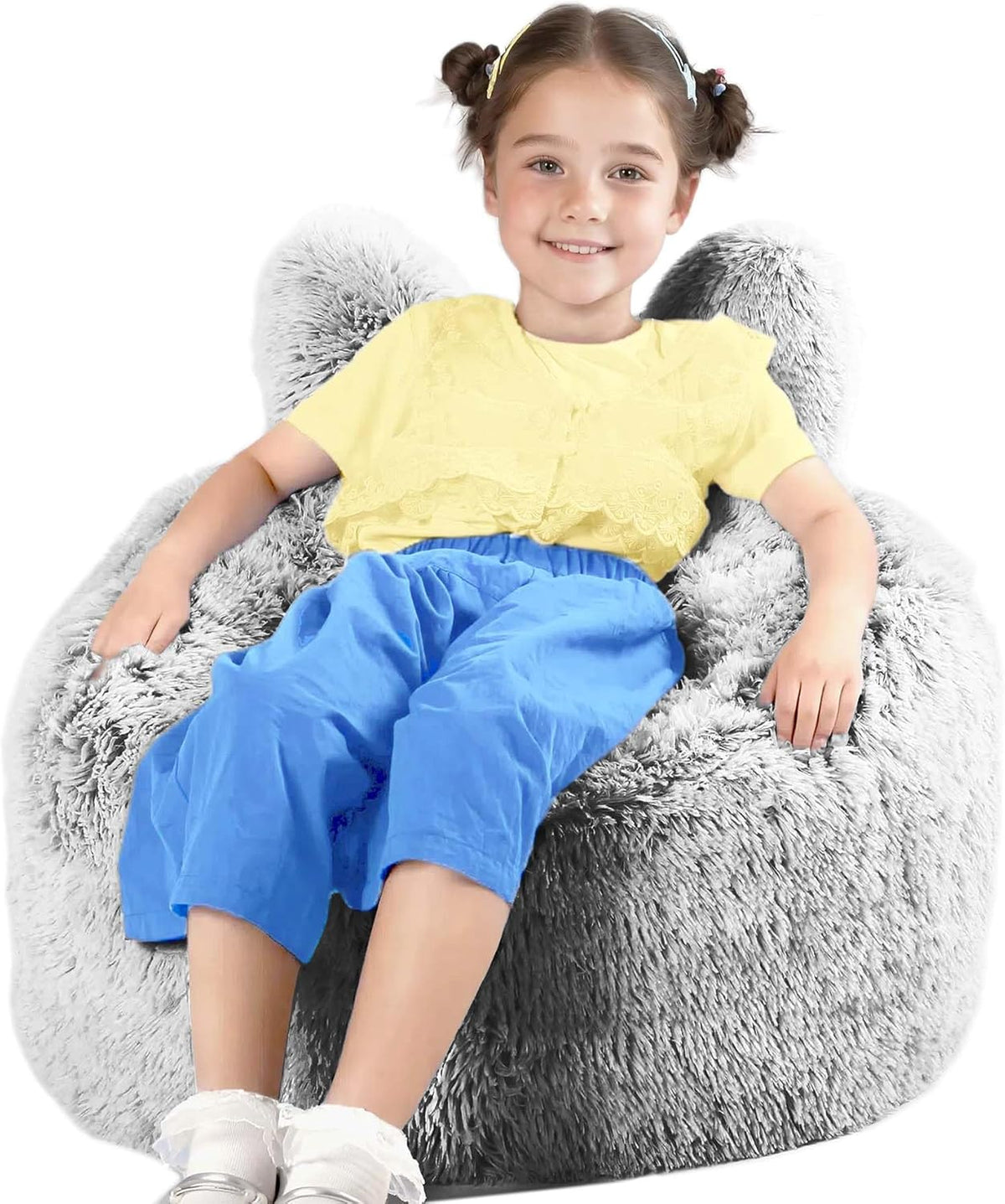 Bean Bag Chair for Kids with Plush Faux Fur Cover, 2.5FT Memory Foam Filled Bean Bag for Teens & Kids, Lazy Sofa for Living Room/Bedroom/Dorm, Rabbit-Ears Design