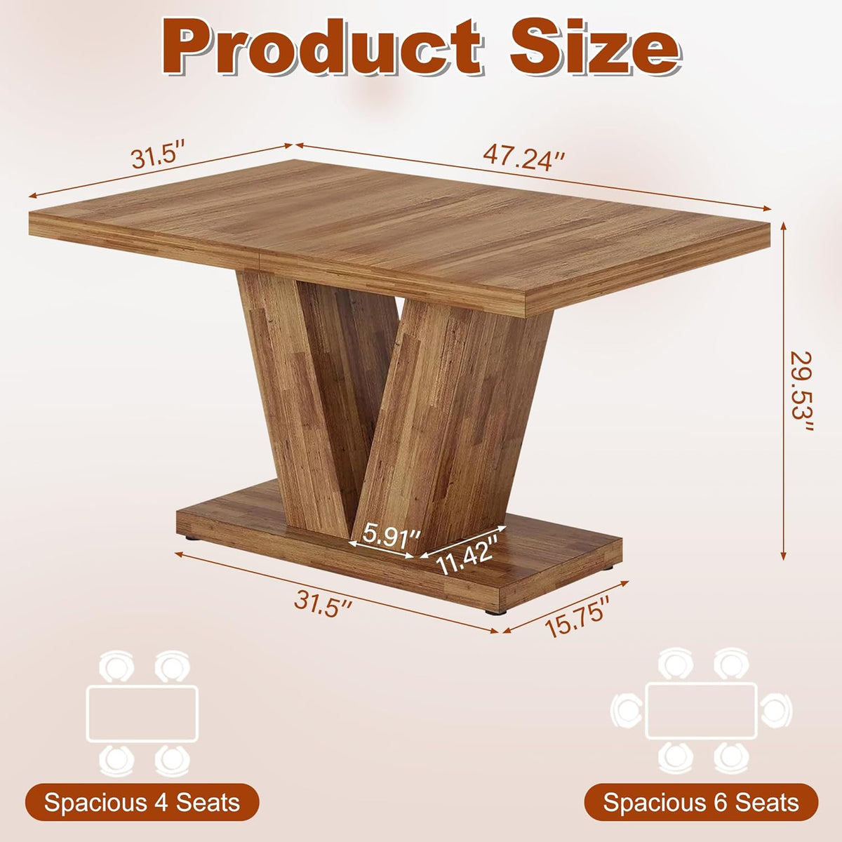 47 Inch Dining Table for 4, Farmhouse Dinner Table Wooden Kitchen Tables with Heavy Duty Pedestal for Dining Room, Kitchen, Living Room, Walnut Brown