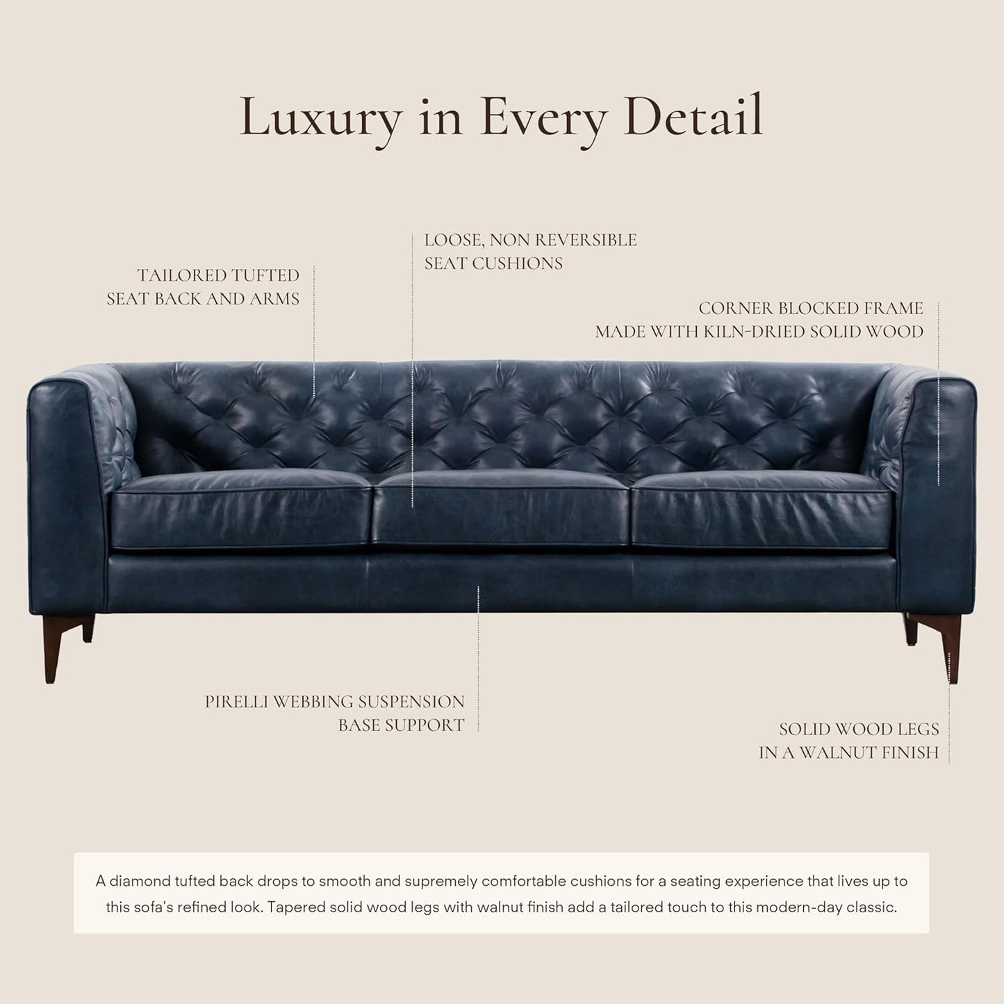 Poly & Bark Essex Leather Couch - 89-Inch Sofa with Tufted Back - Full-Grain Leather Sofa for Living Room with Feather-Down Topper - Living Room Couch - Vintage Italian Leather in Midnight Blue