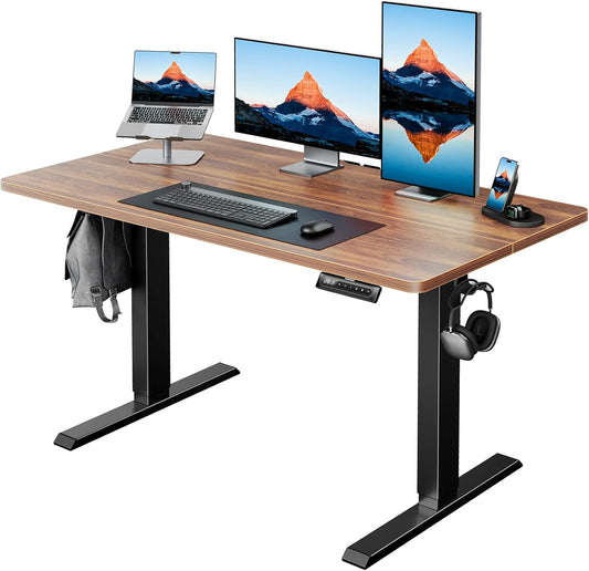 HUANUO 48" x 24" Electric Standing Desk Adjustable Height, 4 Memory Height Settings, Headphone Hook, Cable Manager, Sit Stand Up Desk for Home Office & Computer Workstation, Walnut