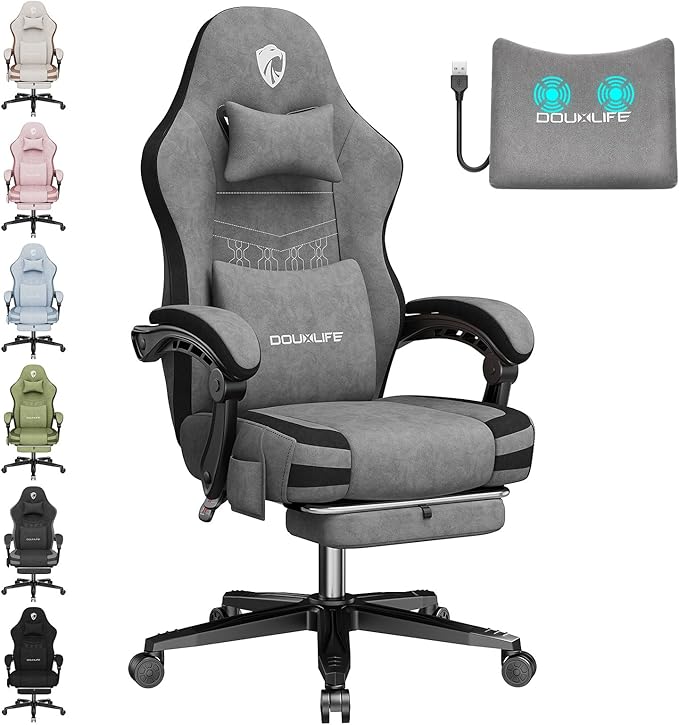 Gaming Chair, Fabric Computer Office Chair with Massage, Ergonomic Chair with Footrest Lumbar Support, Pocket Spring Widened Cushion Metal Legs 350LBS Light Gray