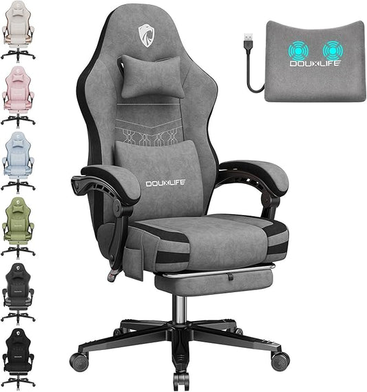 Gaming Chair, Fabric Computer Office Chair with Massage, Ergonomic Chair with Footrest Lumbar Support, Pocket Spring Widened Cushion Metal Legs 350LBS Light Gray