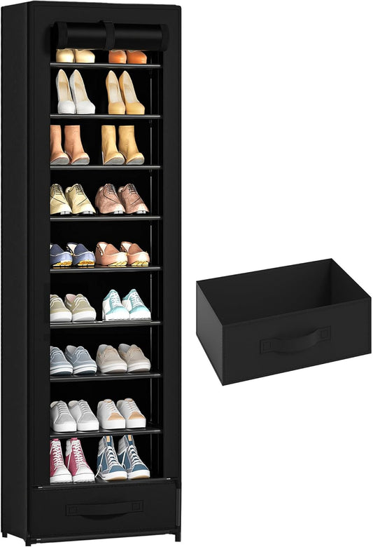 Shoes Rack 10 Tier Tall Shoe Rack Narrow Shoe Rack with Storage Box,Fabric Covered Metal Shoe Rack Organizer for Closets