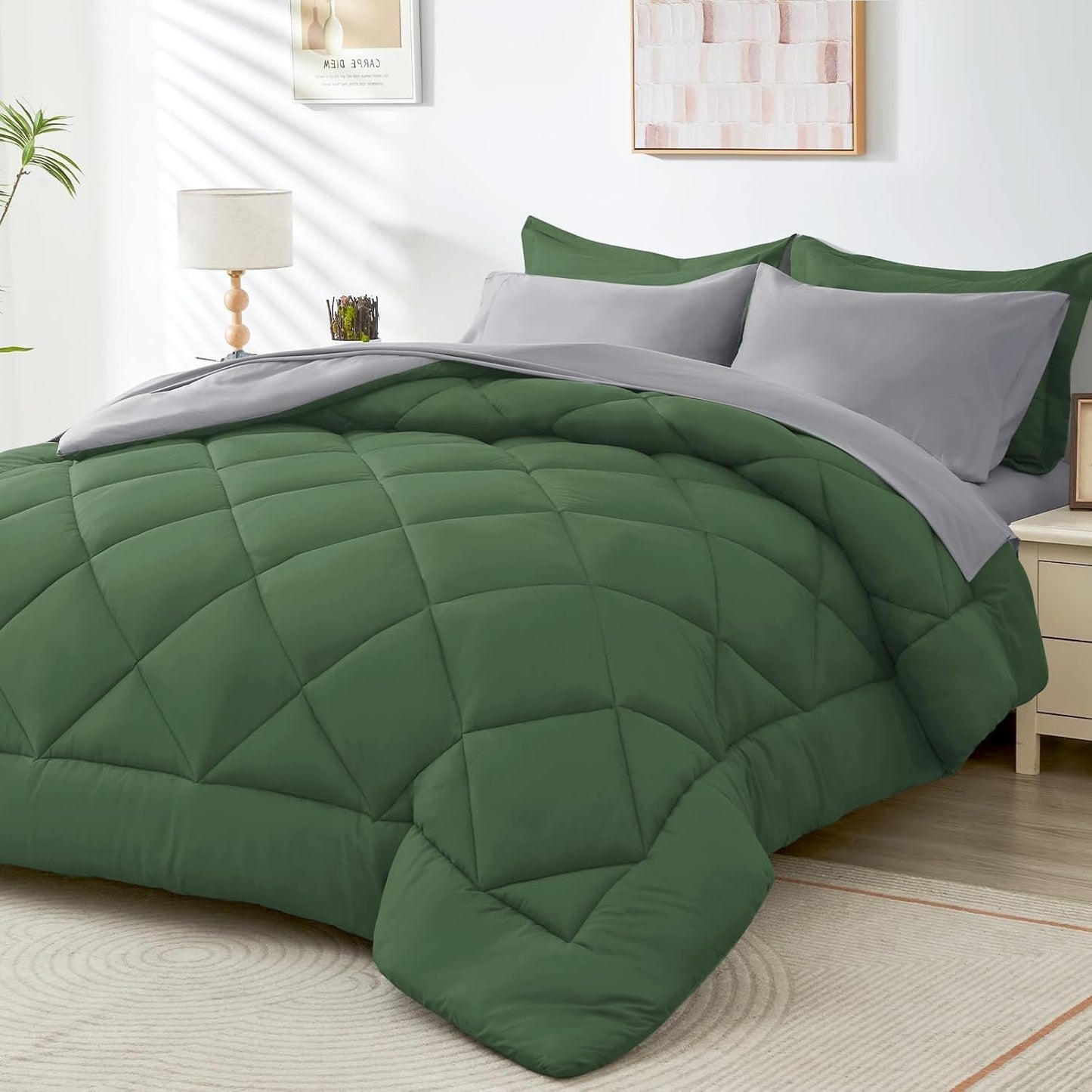 HEVUMYI Twin Comforter Set - 5-Piece All Season Bed in a Bag Twin, Ultra Soft Bedding Set with Comforter, Flat Sheet, Fitted Sheet, Pillowcases, Pillow Shams, Green & Light Grey