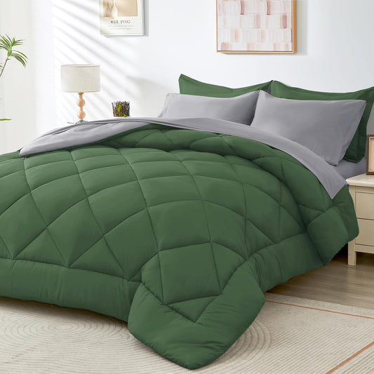 HEVUMYI Twin Comforter Set - 5-Piece All Season Bed in a Bag Twin, Ultra Soft Bedding Set with Comforter, Flat Sheet, Fitted Sheet, Pillowcases, Pillow Shams, Green & Light Grey