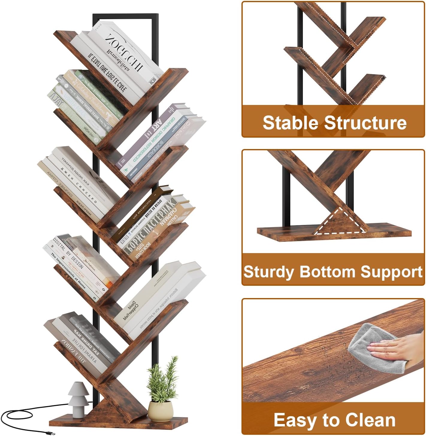 Tree Book Shelf with LED Lights, 9 Tier Floor Standing Bookcase, Classical Corner Shelf Kids Bookshelf, Tall Wood Book Storage for Bedroom, Living Room, Home Office, Brown