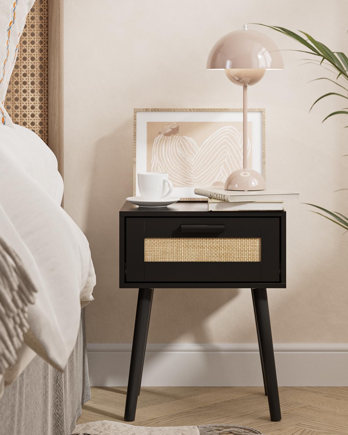 Bedroom Nightstands Wooden Night Stands with Rattan Weaving Drawer Home Bedside End Table for Bedroom Storage (Bohemian-Black)