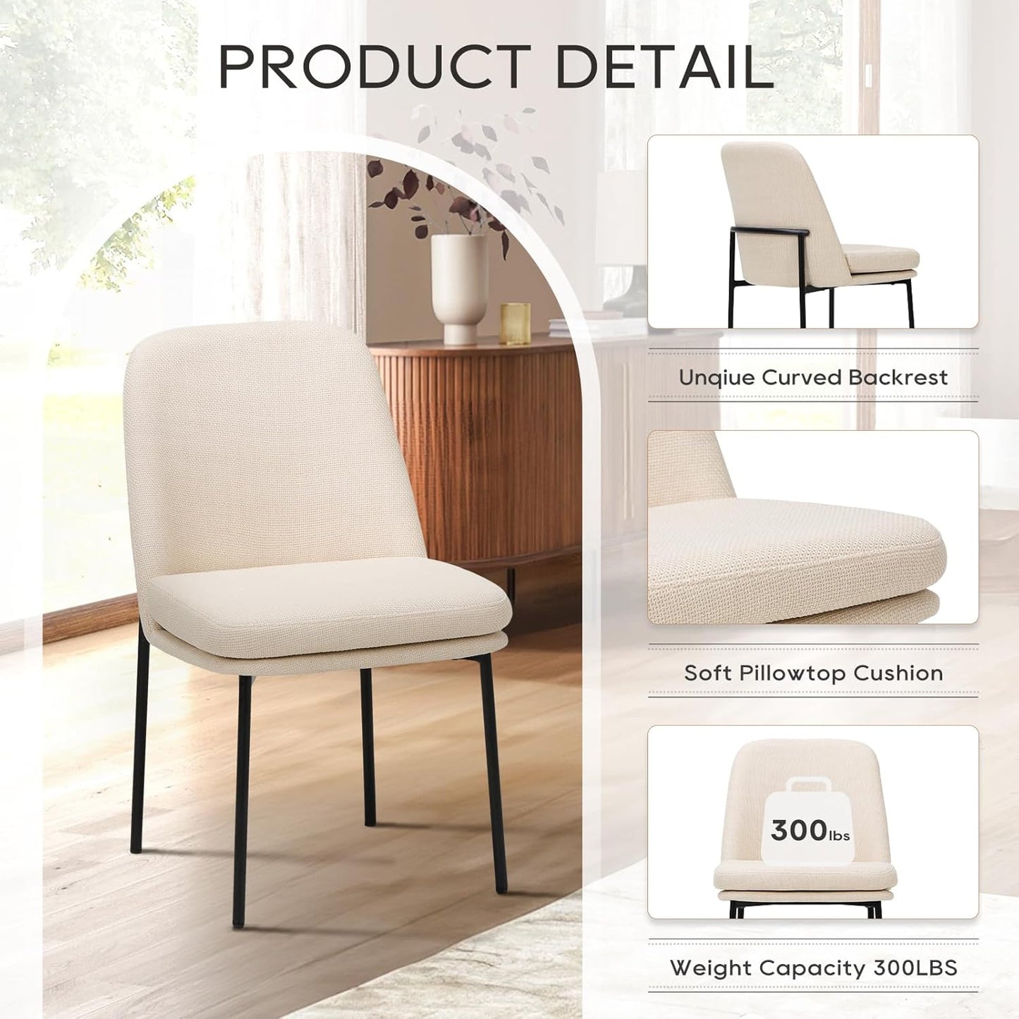 COLAMY Modern Dining Chairs Set of 2, Fabric Upholstered Dining Room Chairs Dinner Chair Stylish Kitchen Chairs with Curved Back and Metal Legs, Beige
