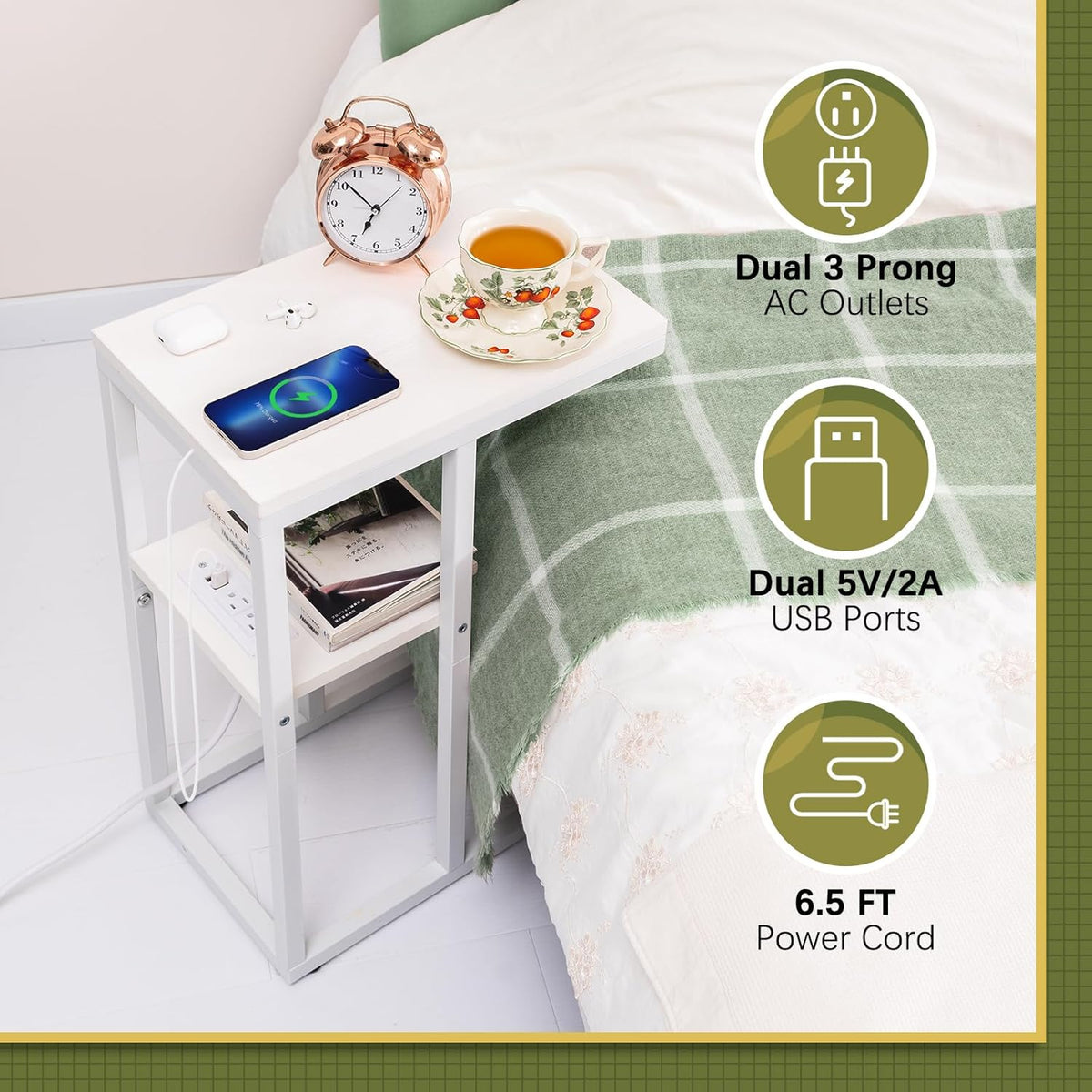 Yoobure C Shaped End Table with Charging Station, Small Side Tables for Living Room Bedroom, Sofa Table with USB Ports and Outlets for Small Spaces, Rustic Bed Side Table