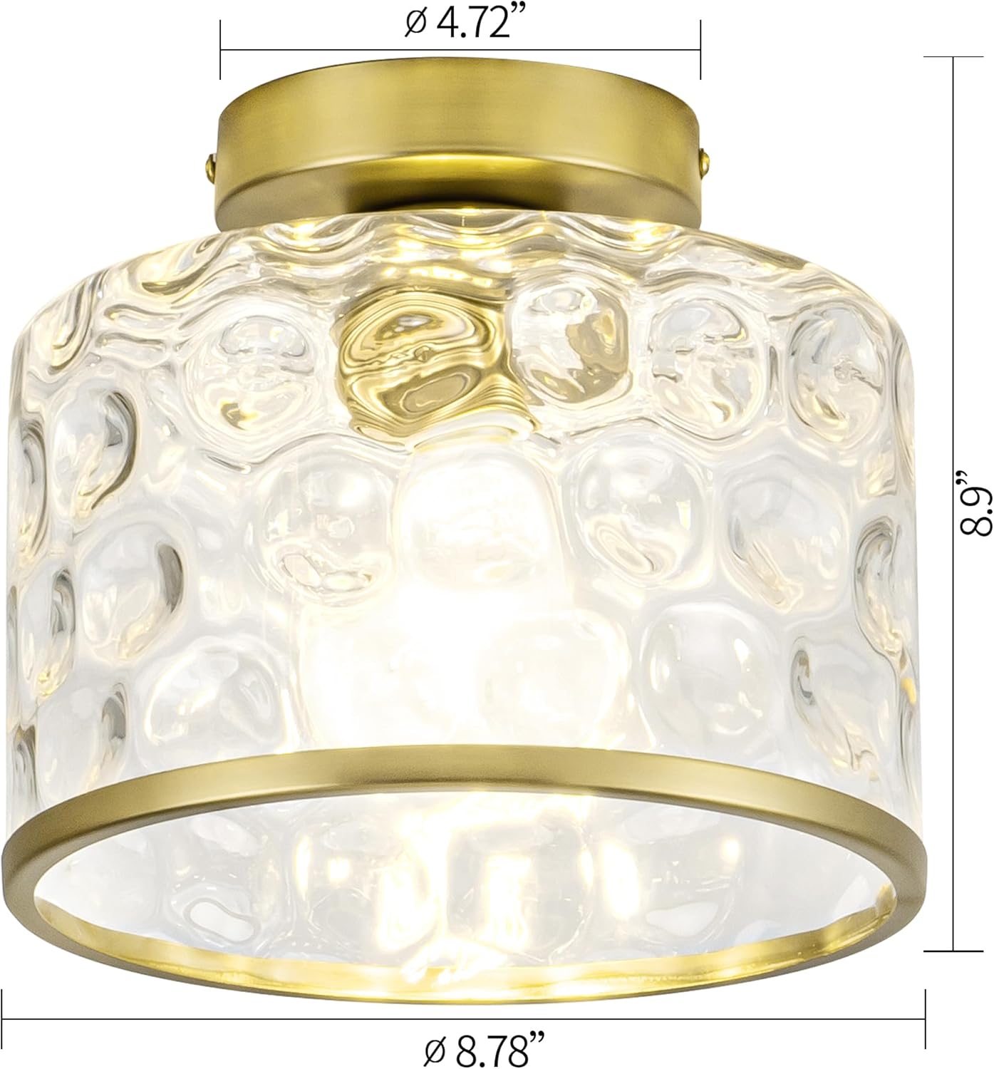 Gold Flush Mount Ceiling Light with Clear Hammered Glass lampshade, Farmhouse Ceiling Lights Fixture in Satin Brass for Kitchen Bathroom, Bulb not Included