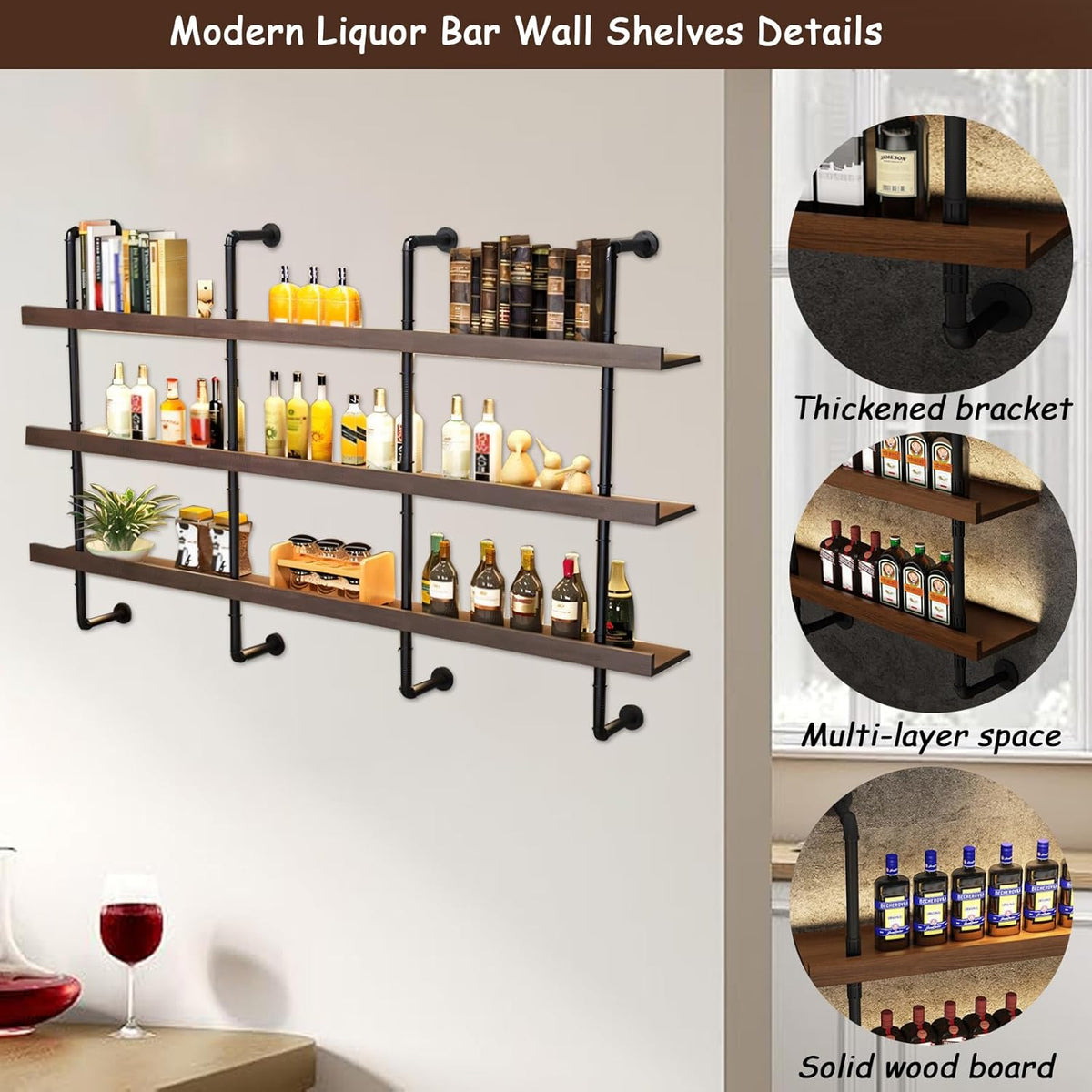 55.1in Large Wine Rack with LED Light Solid Wood Wall Mounted Wine Rack, 3-Tiers Liquor Bottles Floating Shelves Display Storage Organizer for Home Bar & Dining Room (140cm/55.1in)