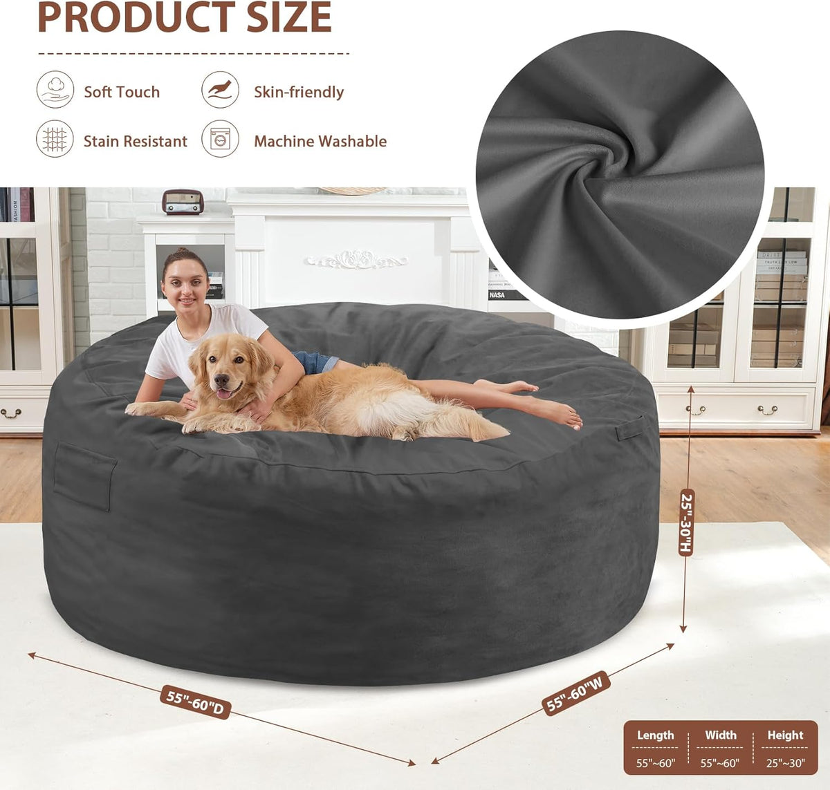6FT Bean Bag Chair, Large Bean Bag Chairs with Memory Foam Filled, Fluffy Beanbag Sofa with Dutch Velvet Cover, Round BeanBag Chairs for Living Room, Playroom - Grey