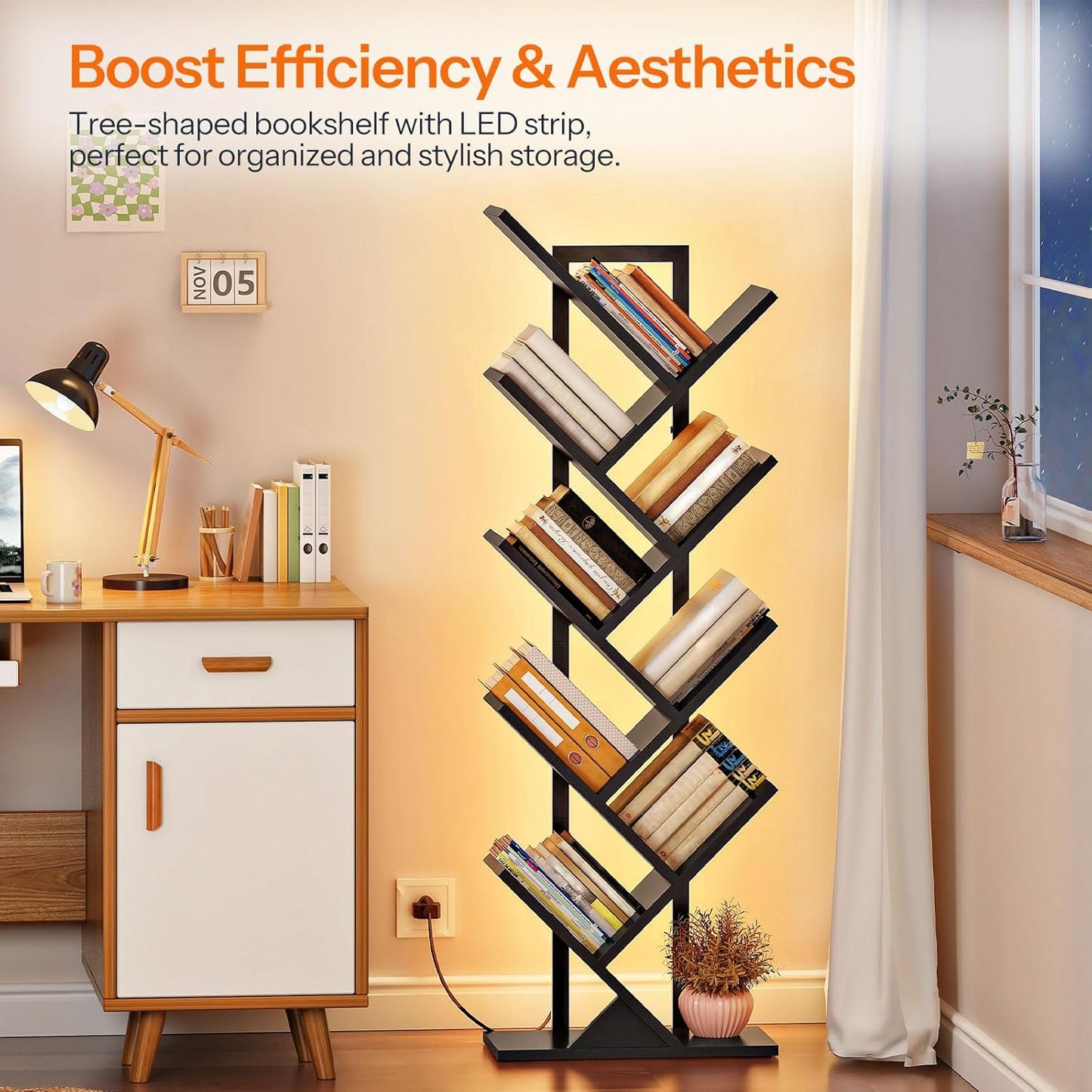 HOOBRO Tree Bookshelf, 9-Tier Tree Bookshelf with Lights, Space-Saving Book Shelf, Holds Books, CDs, Floor Standing Bookcase for Office, Living Room, Bedroom, Black BB08DSJ01