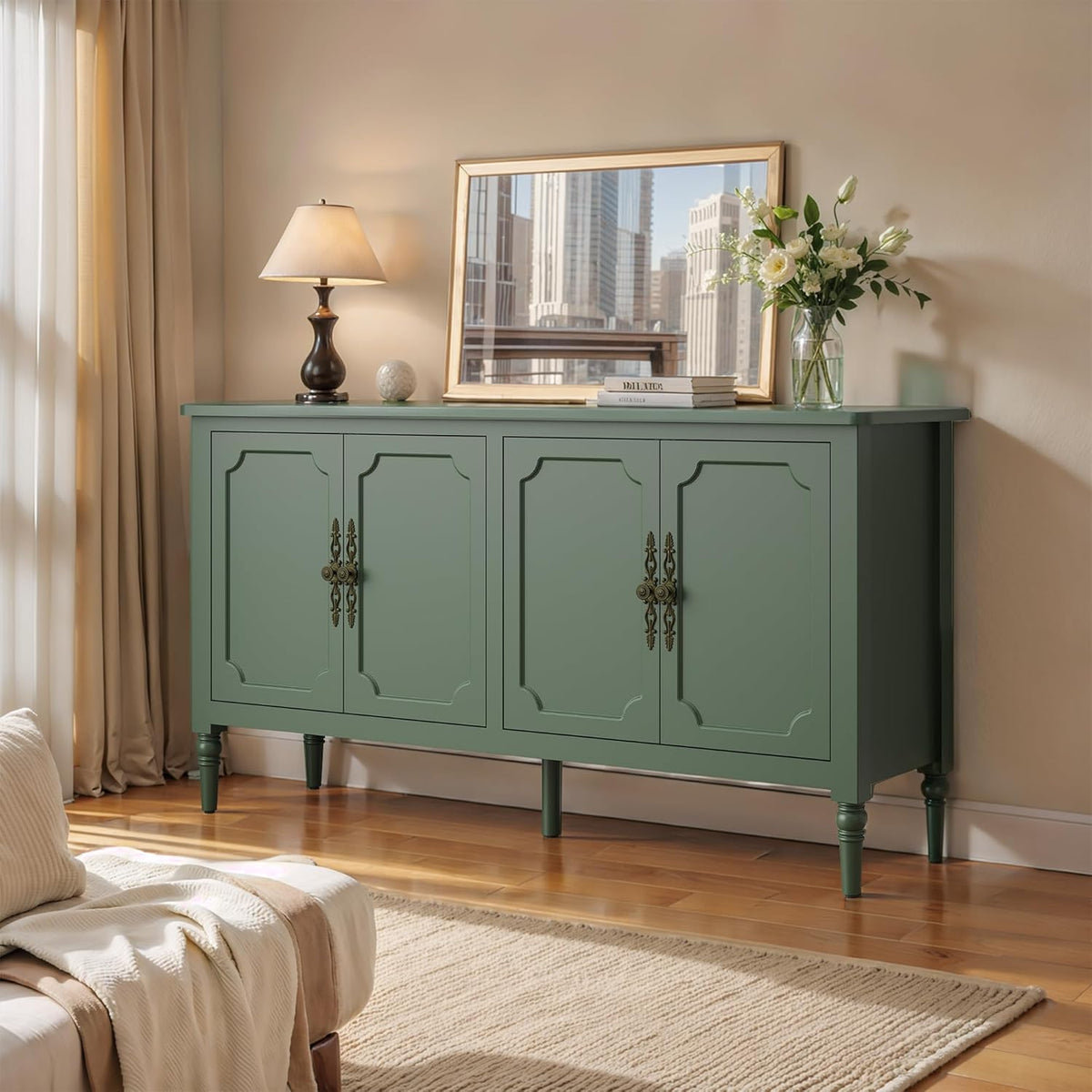 Large Sideboard Buffet Cabinet with Storage: 58'' Modern Credenza Buffet Table Coffee Bar Wine Bar Storage Sideboard with 4 Doors for Dining Room Living Room (Forest Green)