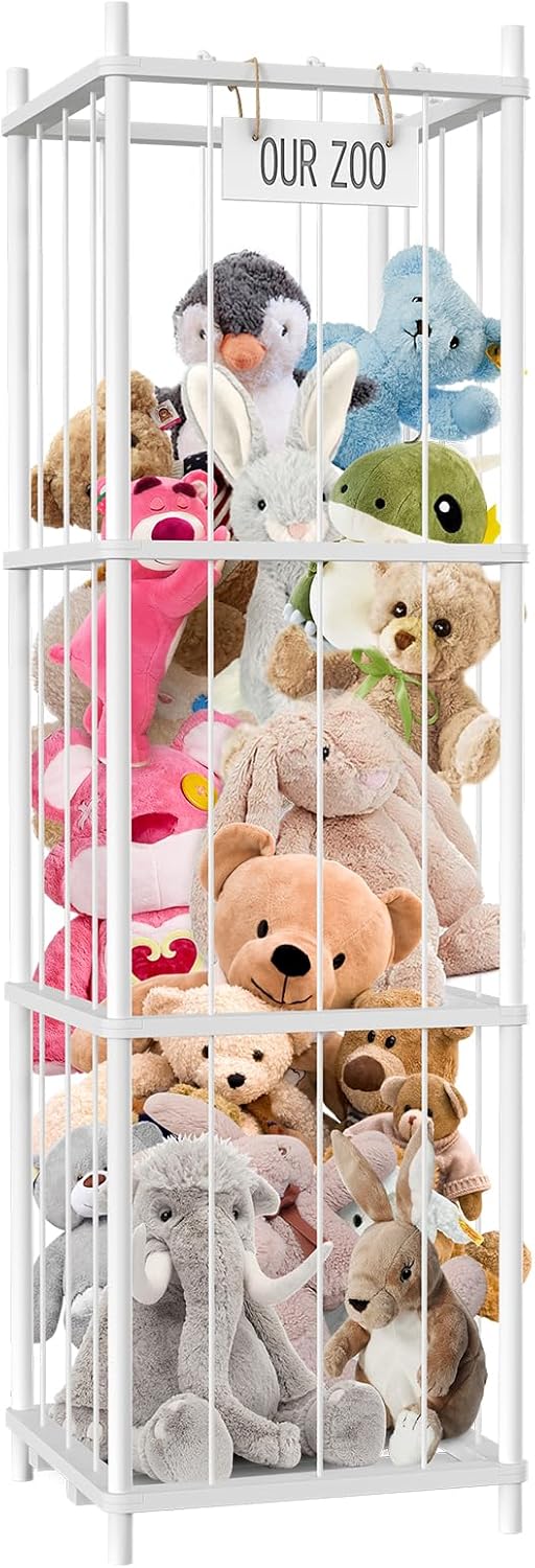 Stuffed Animal Storage, 54 inch Large Plushy Organizers, Wood Stuffed Animal Zoo Storage, Space Save Vertical Stuffed Animals Holder Holds 50+ Stuffed Animals for Nursery Playroom Bedroom (White)