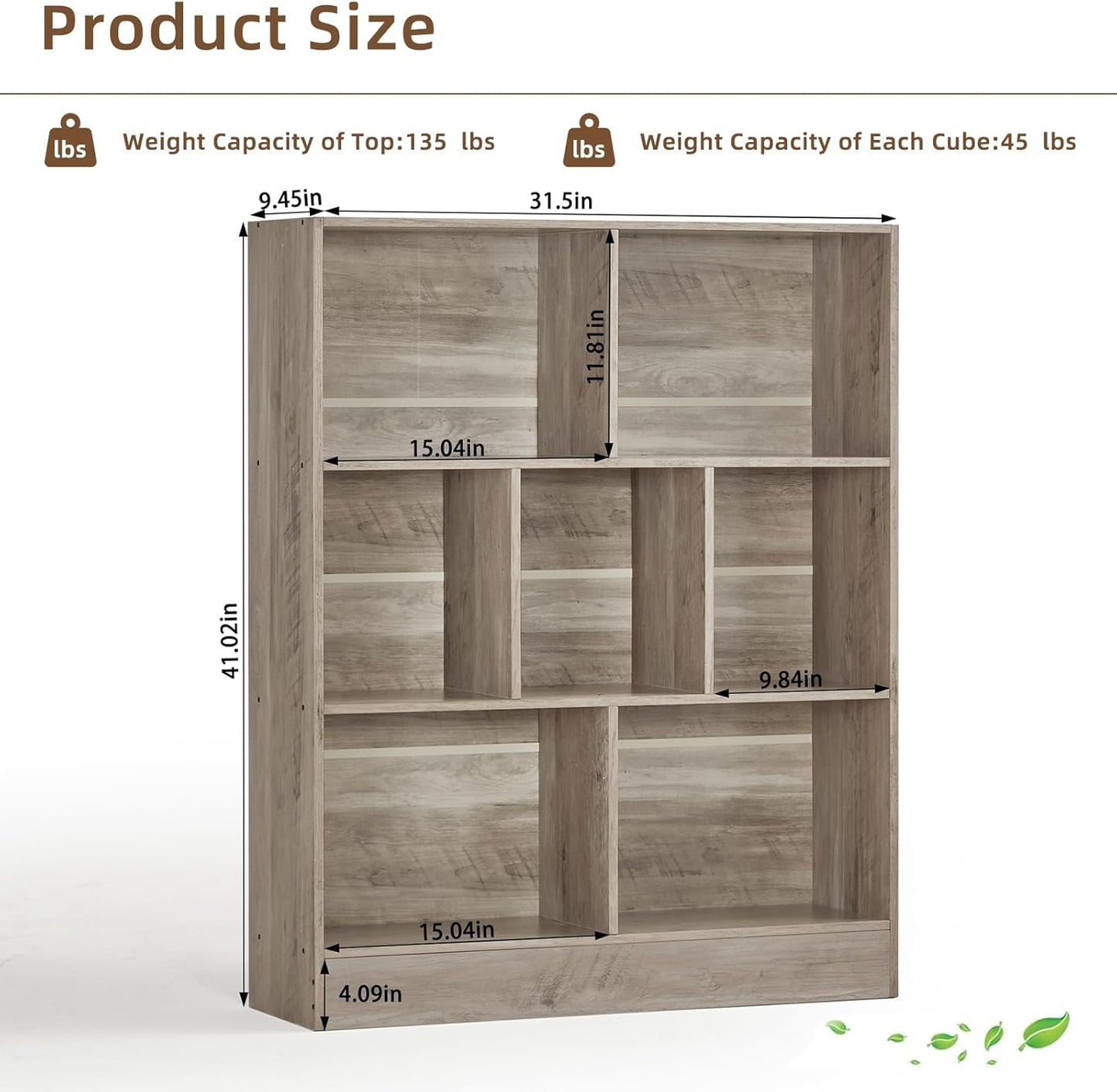 LEYAOYAO 7 Cube Bookshelf with Base,3 Tier Mid-Century Modern Grey Bookcase,Standing Wide Bookshelves Storage Organizer Shelf,Rustic Wood Display Cabinet Book Shelves for Bedroom,Living Room,Office