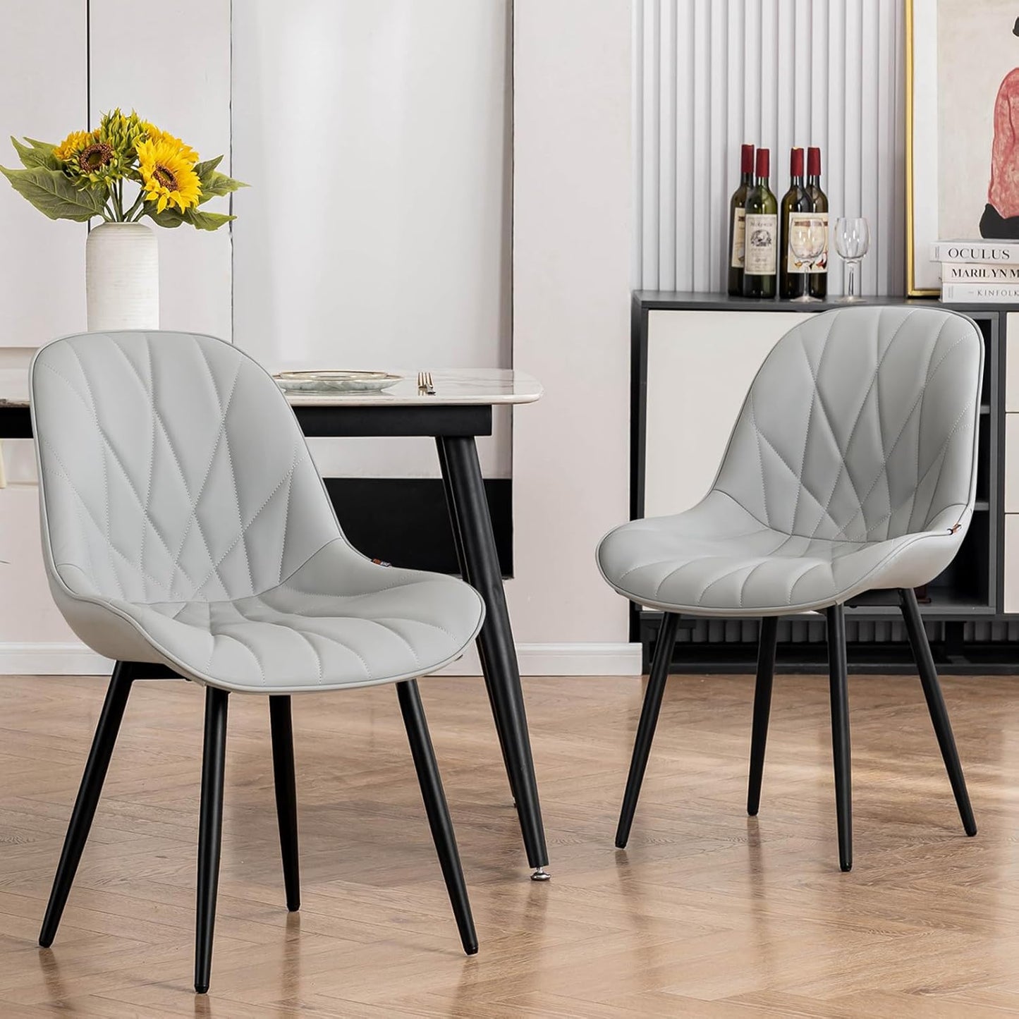 Rowill Dining Chairs Set of 2 - Modern Kitchen Chairs with Soft Backrest, Sturdy Metal Legs & Non-Slip Pads, Suitable for Home Kitchen, Faux Leather Upholstered Seats for Dining Room, Grey