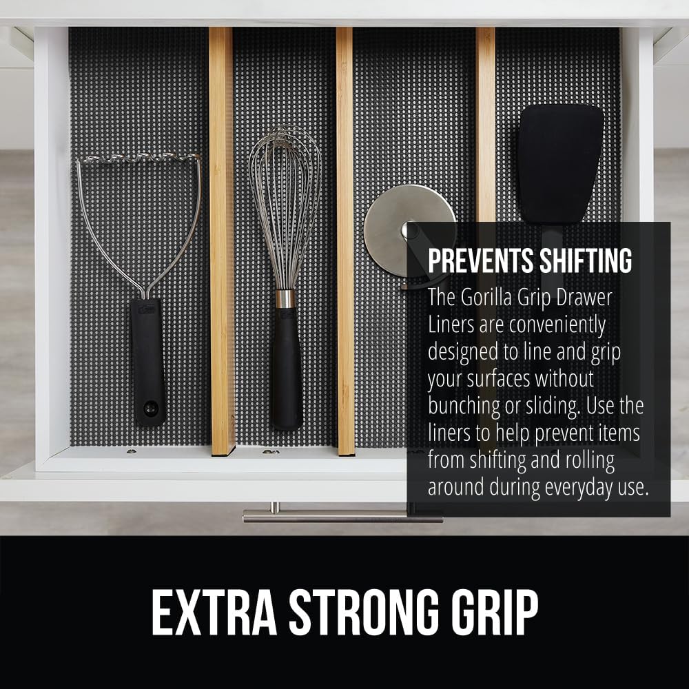 GORILLA GRIP powerGRIP Drawer Shelf and Cabinet Liner, Thick Strong Hold, Non-Adhesive Liners Protect Kitchen Cabinets and Cupboard, Bathroom Drawers, Easy Install, Breathable Mat, 20" x20', Charcoal