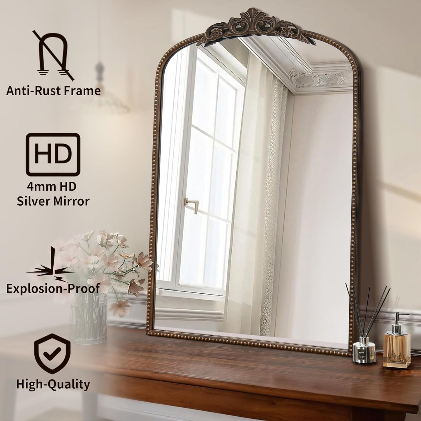 Micasso Traditional Ornate Metal Frame Arch Wall Mirror Baroque Vintage Vanity Mirror for Bathroom, Mantel, Bedroom, Antique Bronze 36"x 24"